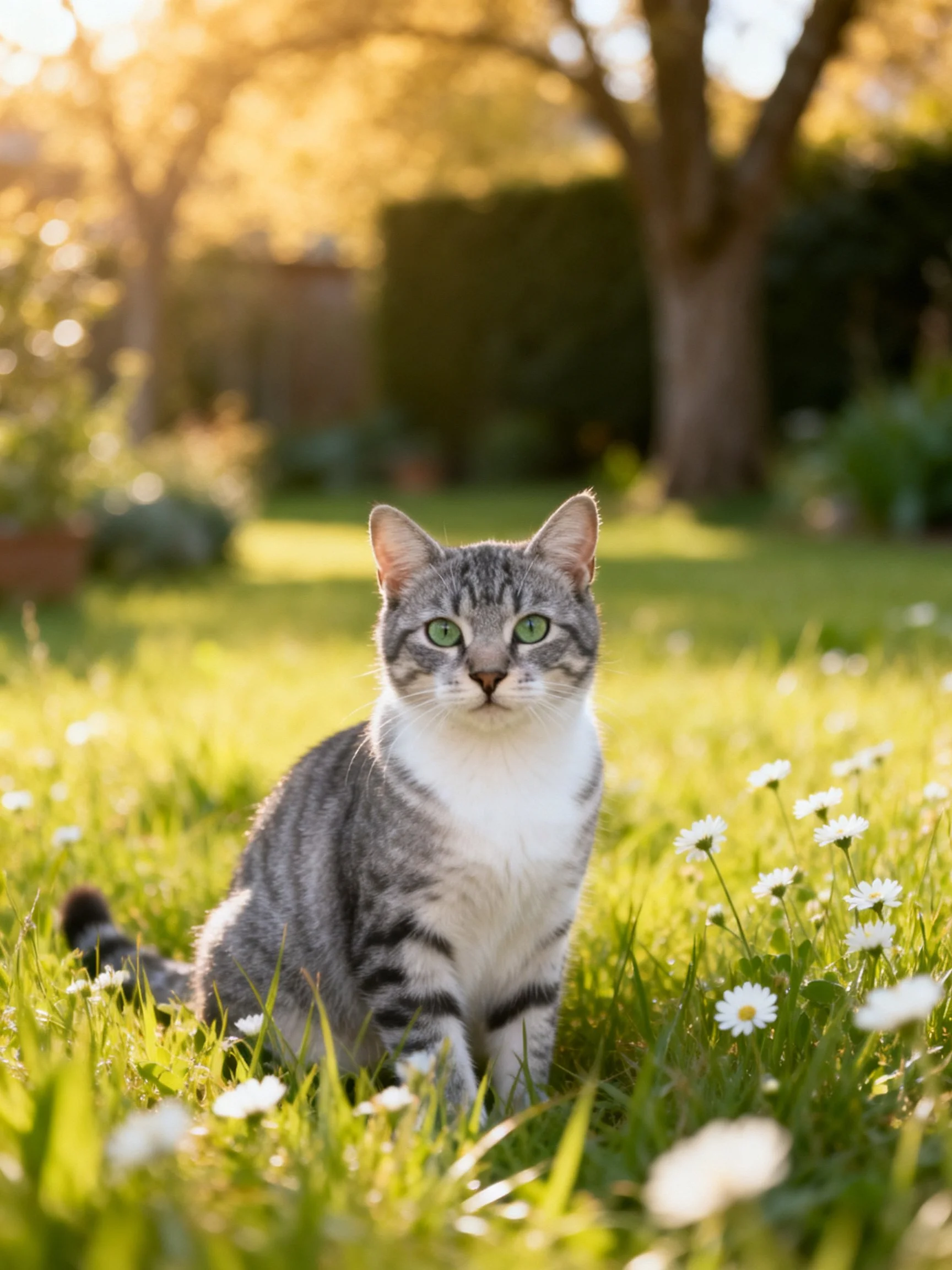 A gray tabby cat sits peacefully in a sunlit garden with daisies.