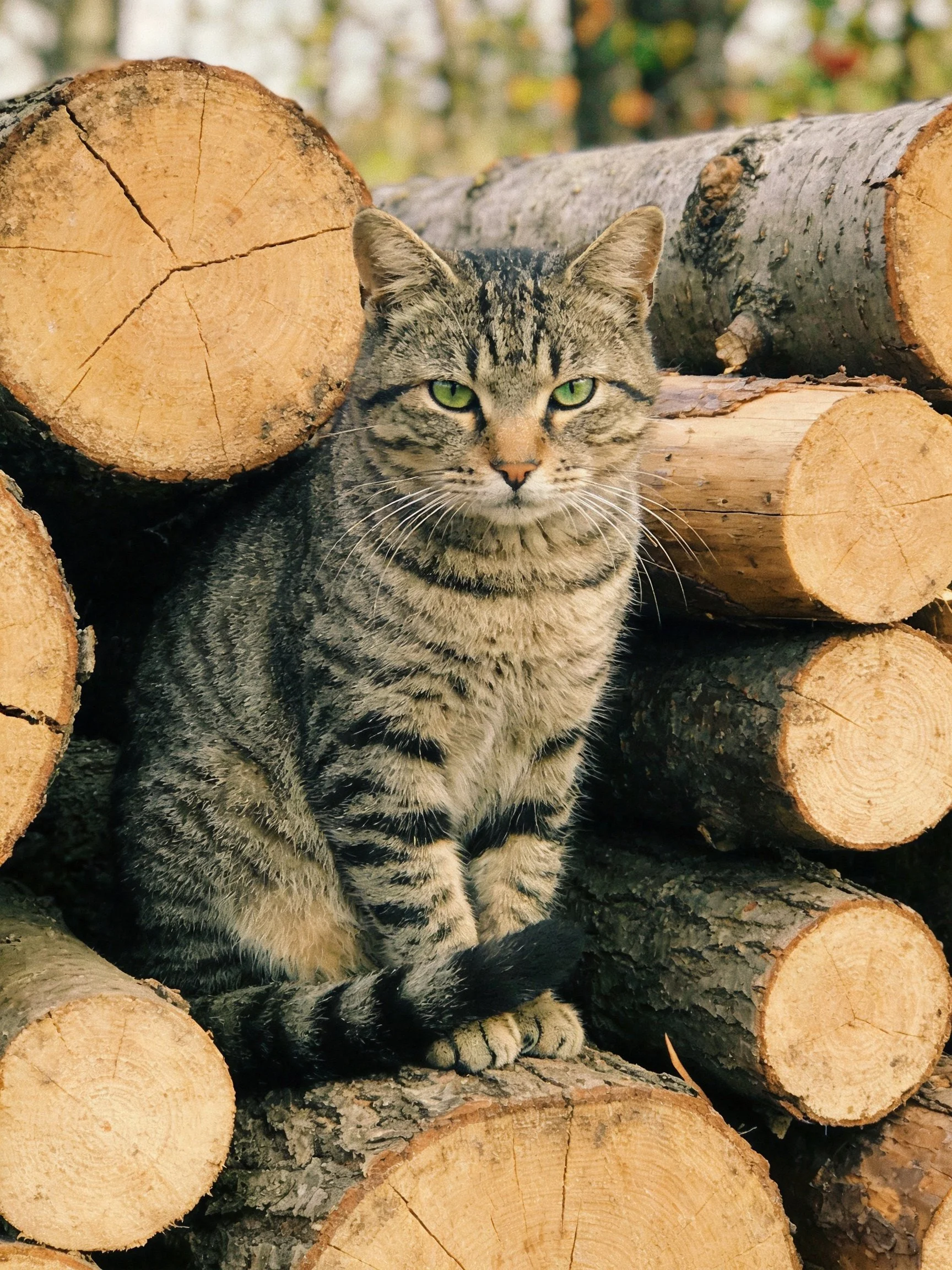 A gray-tabby cat sits among stacked wooden logs