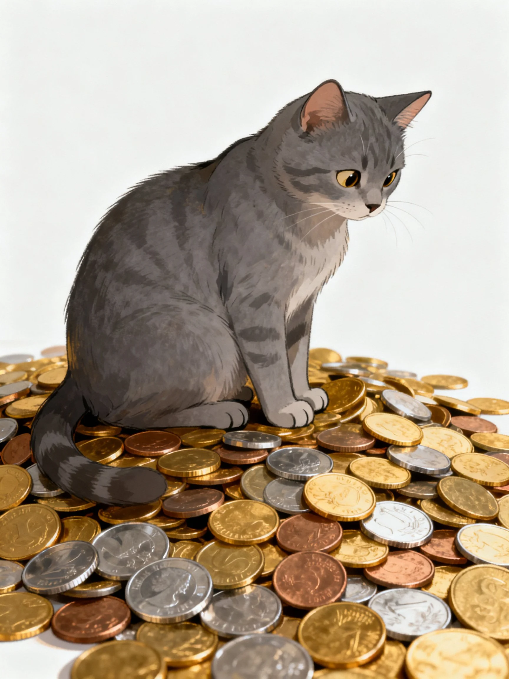 A gray tabby cat rests on a large pile of variously colored coins.