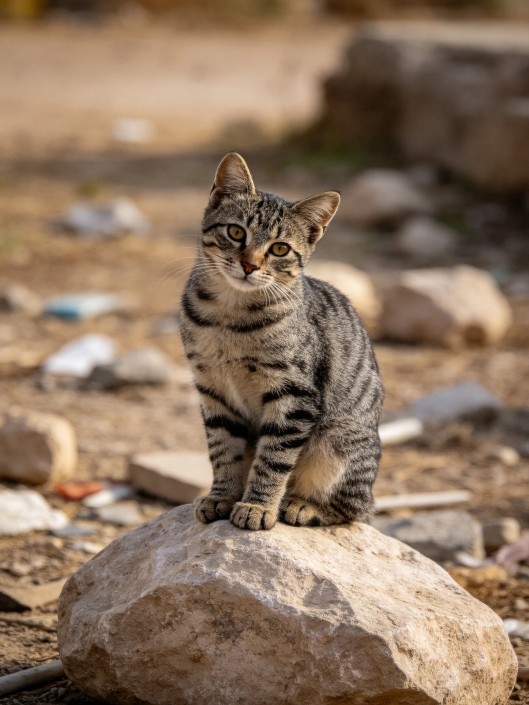 A graytabby cat rests on a rock in a rocky, earthy area.