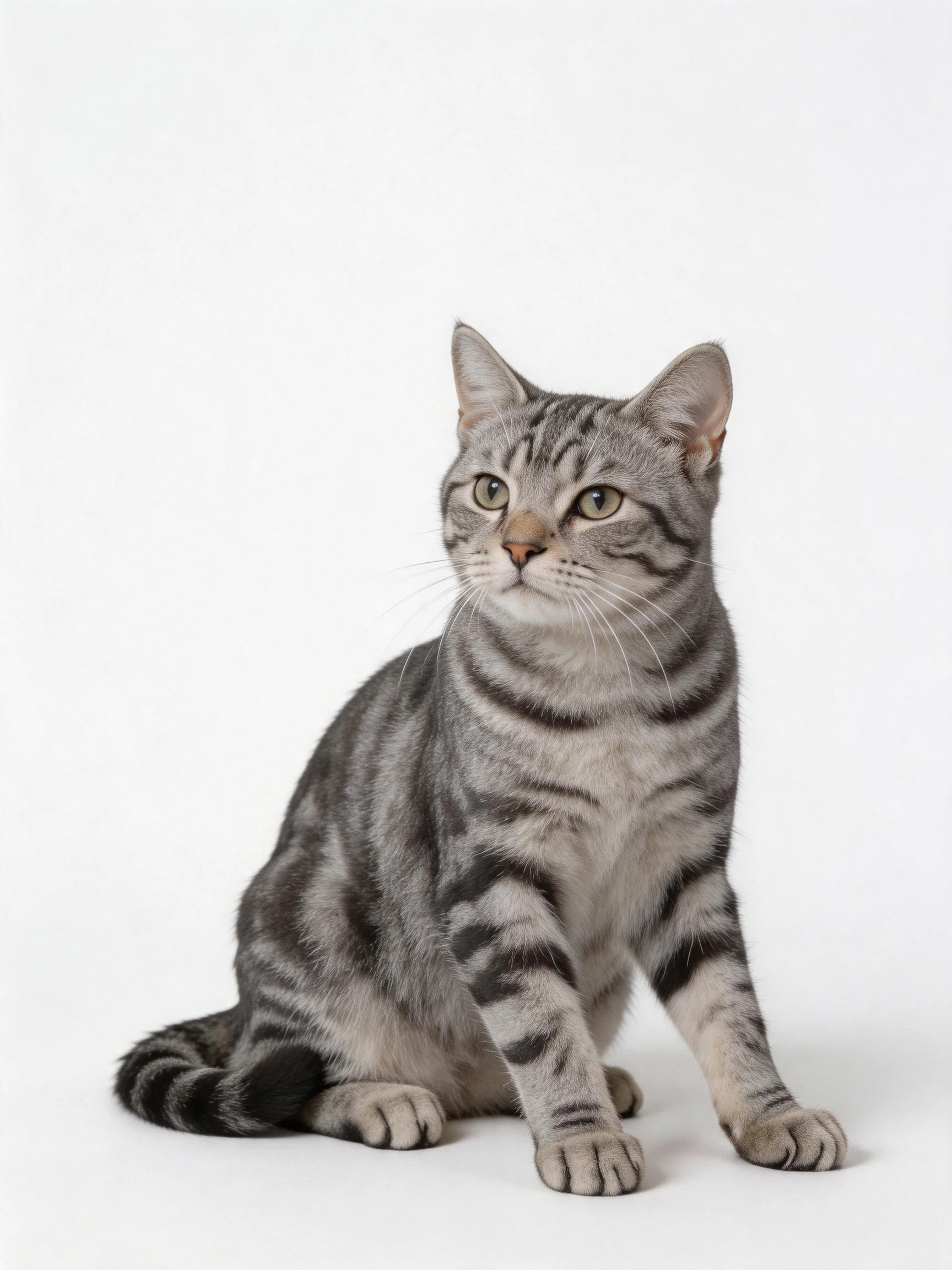 A gray tabby cat sits attentively against a plain white backdrop