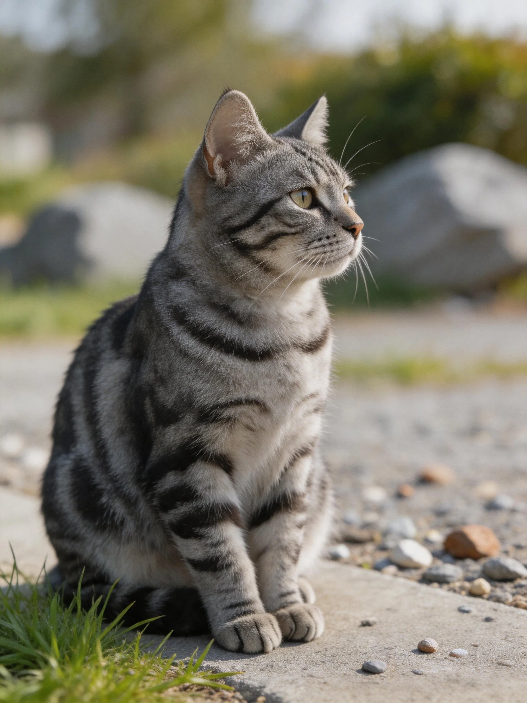 A gray tabby cat sits attentively near gravel and grass
