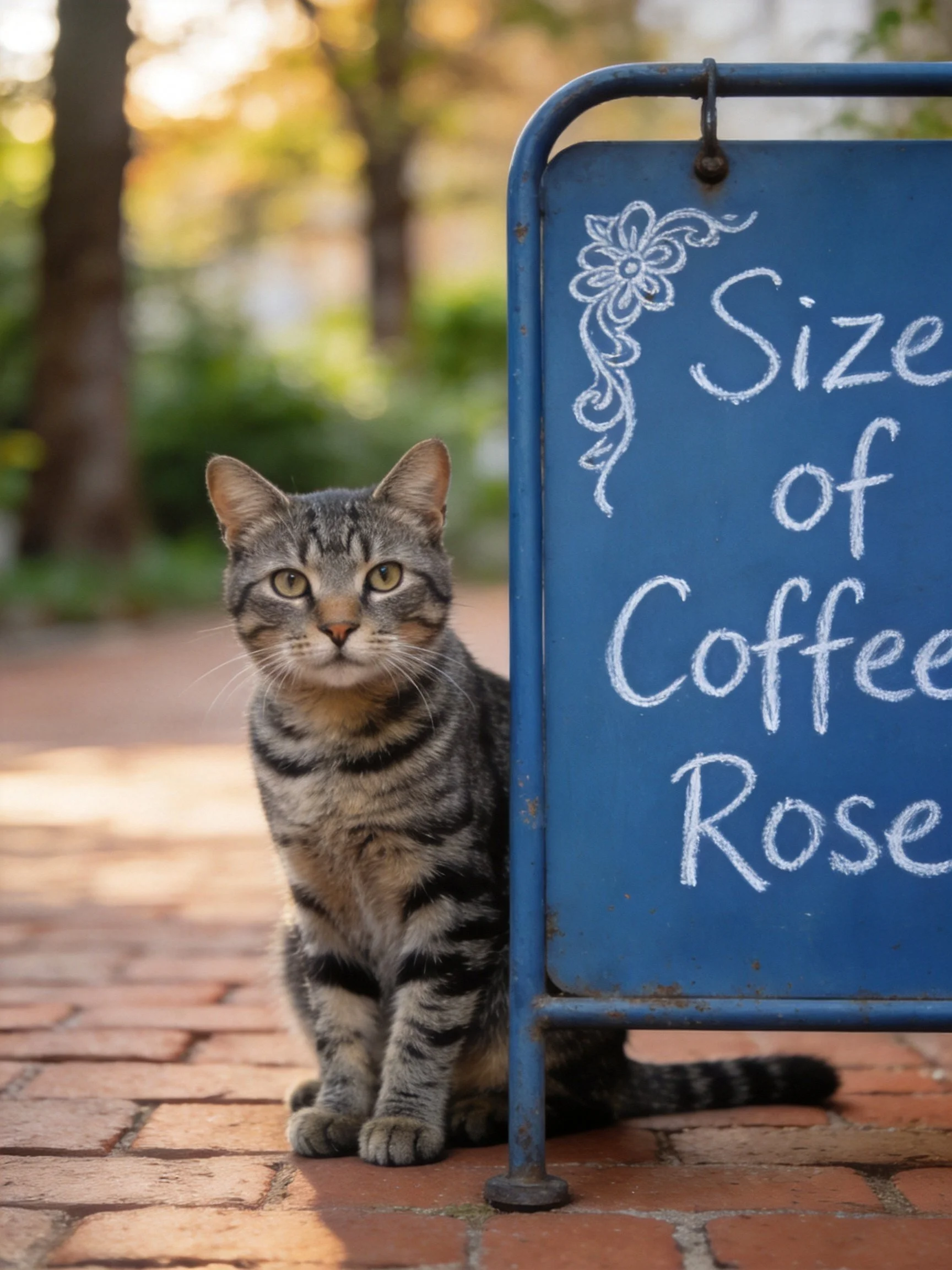 A gray tabby cat sits beside a blue chalk sign on a brick pathway