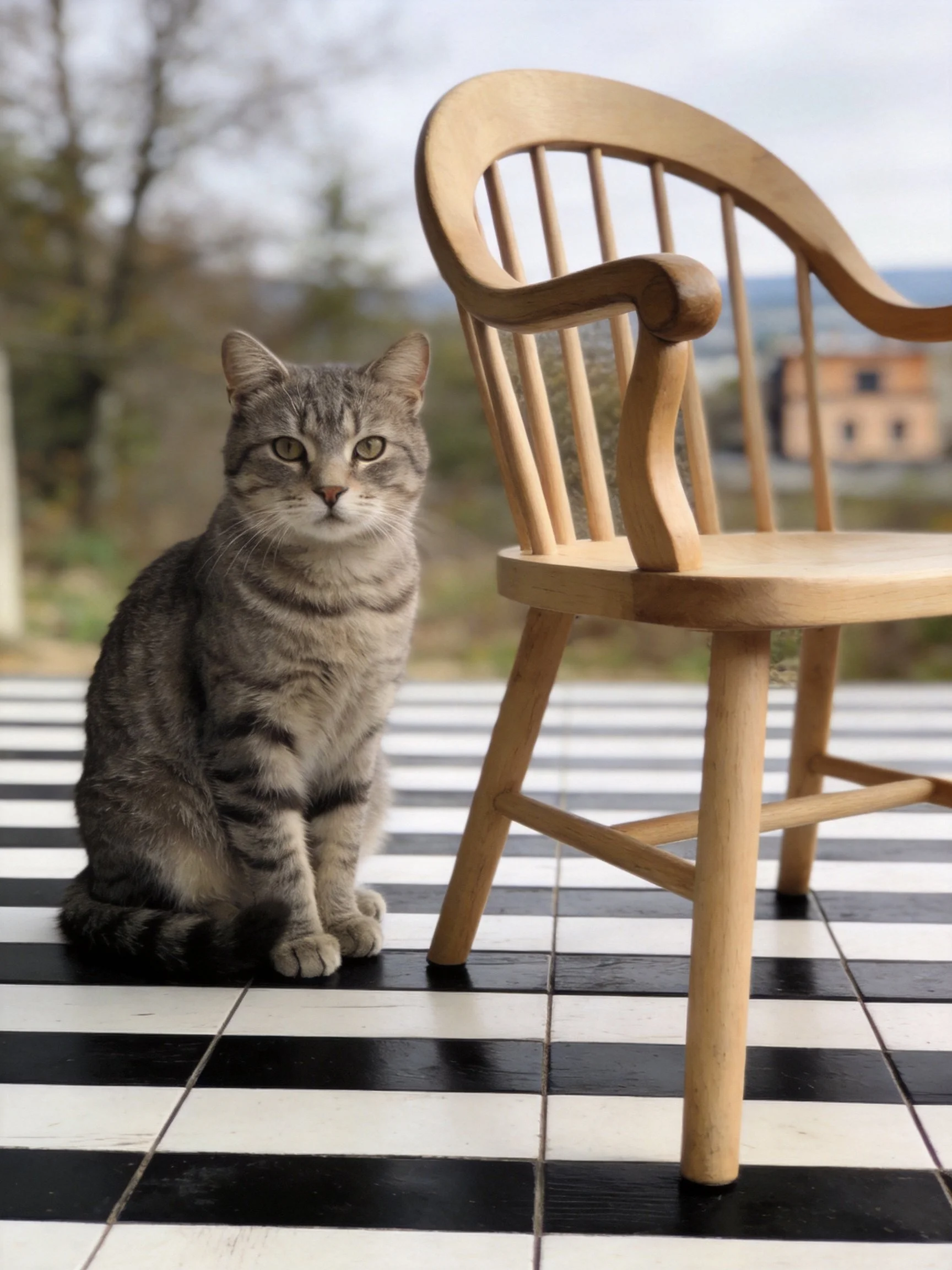 A gray tabby cat sits beside a light - colored wooden chair on a black - white checkered floor