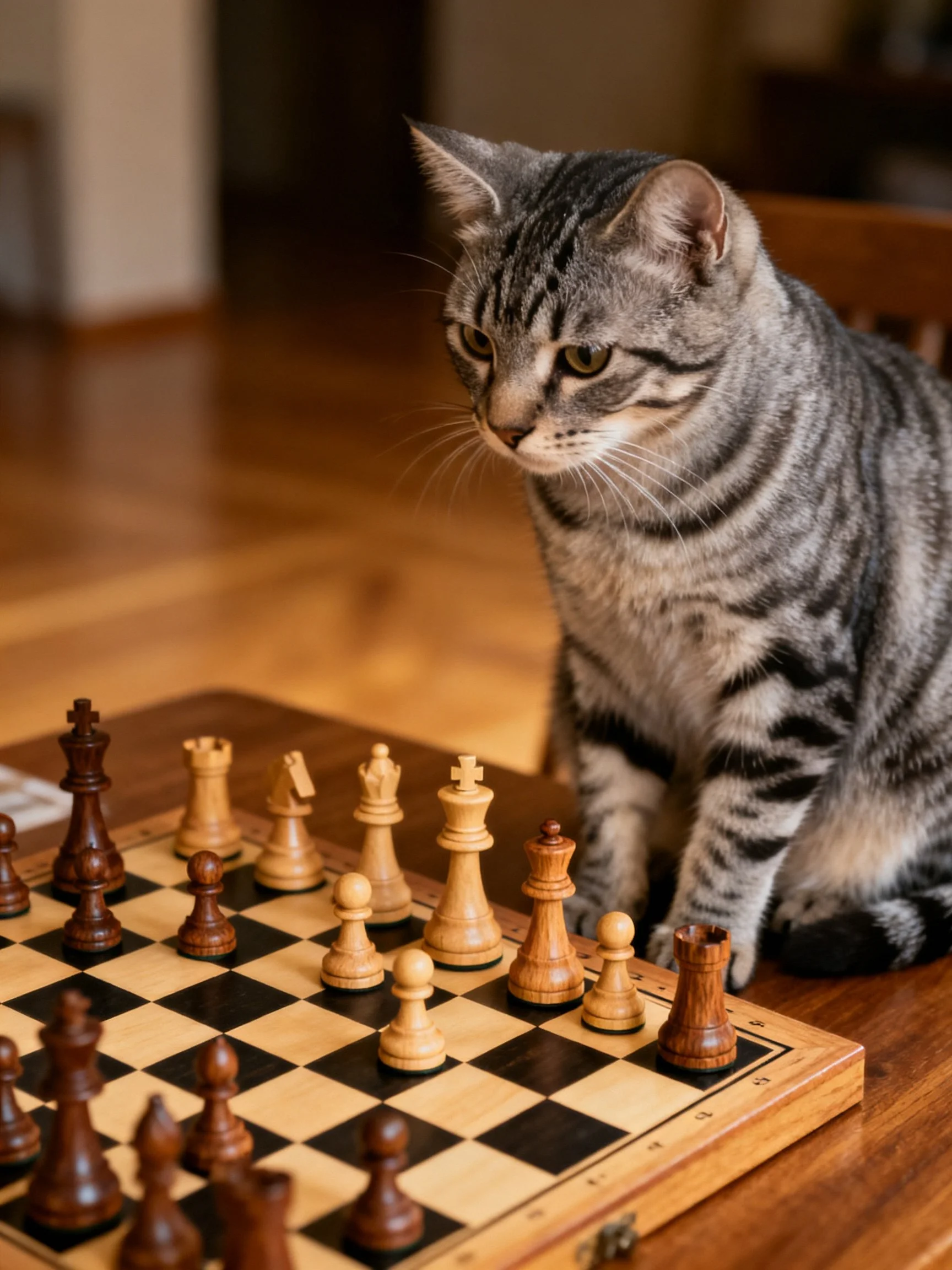 A gray tabby cat sits beside a wooden chessboard with dark and light chess pieces