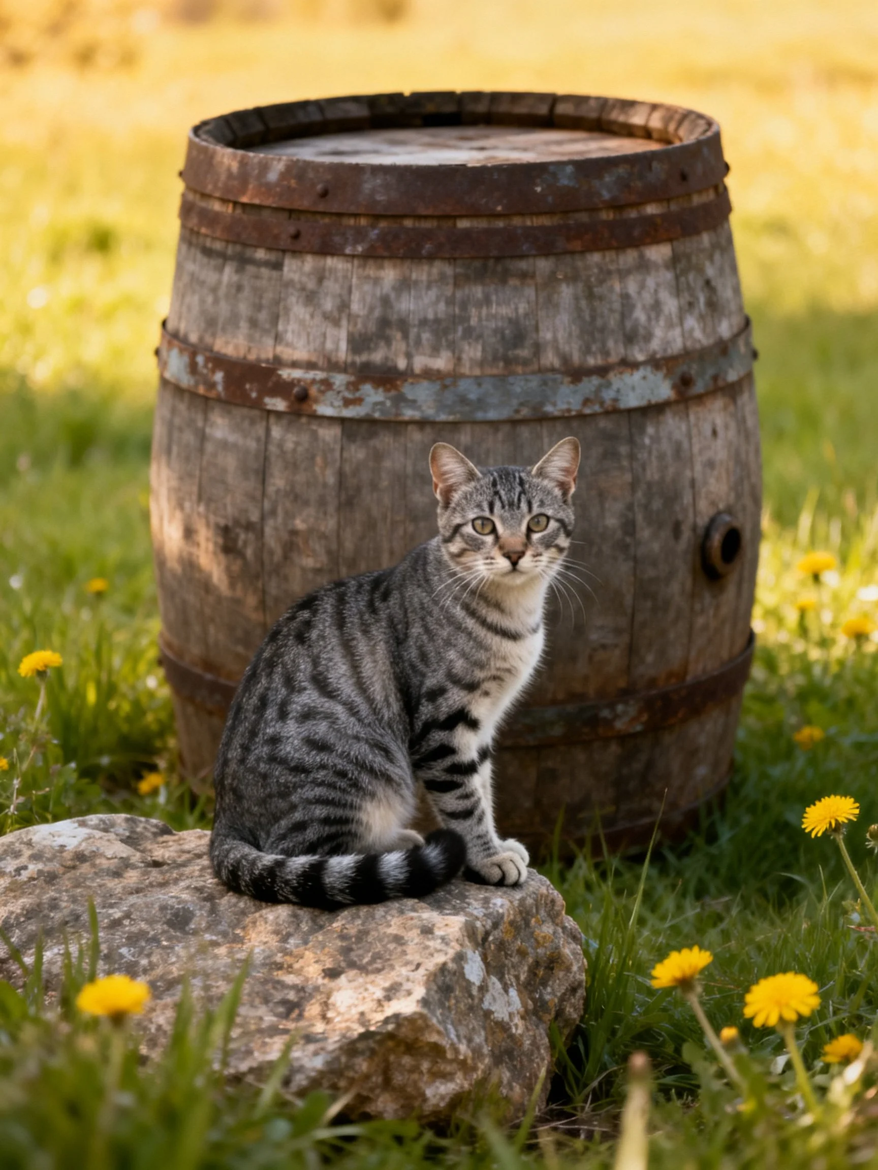 A gray tabby cat sits beside an aged wooden barrel on a rock amid yellow flowers.