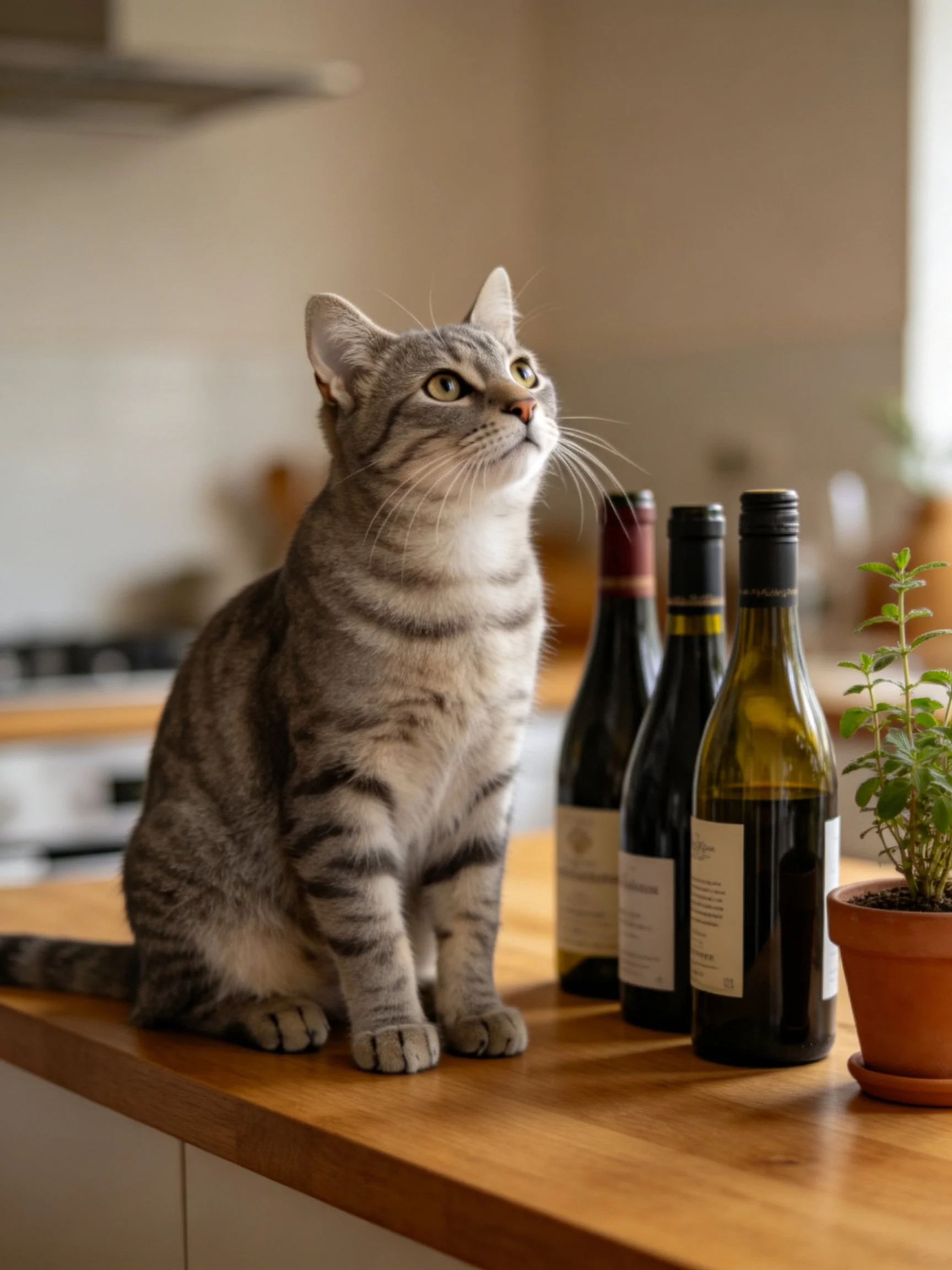 A gray tabby cat sits beside three wine bottles on a wooden counter