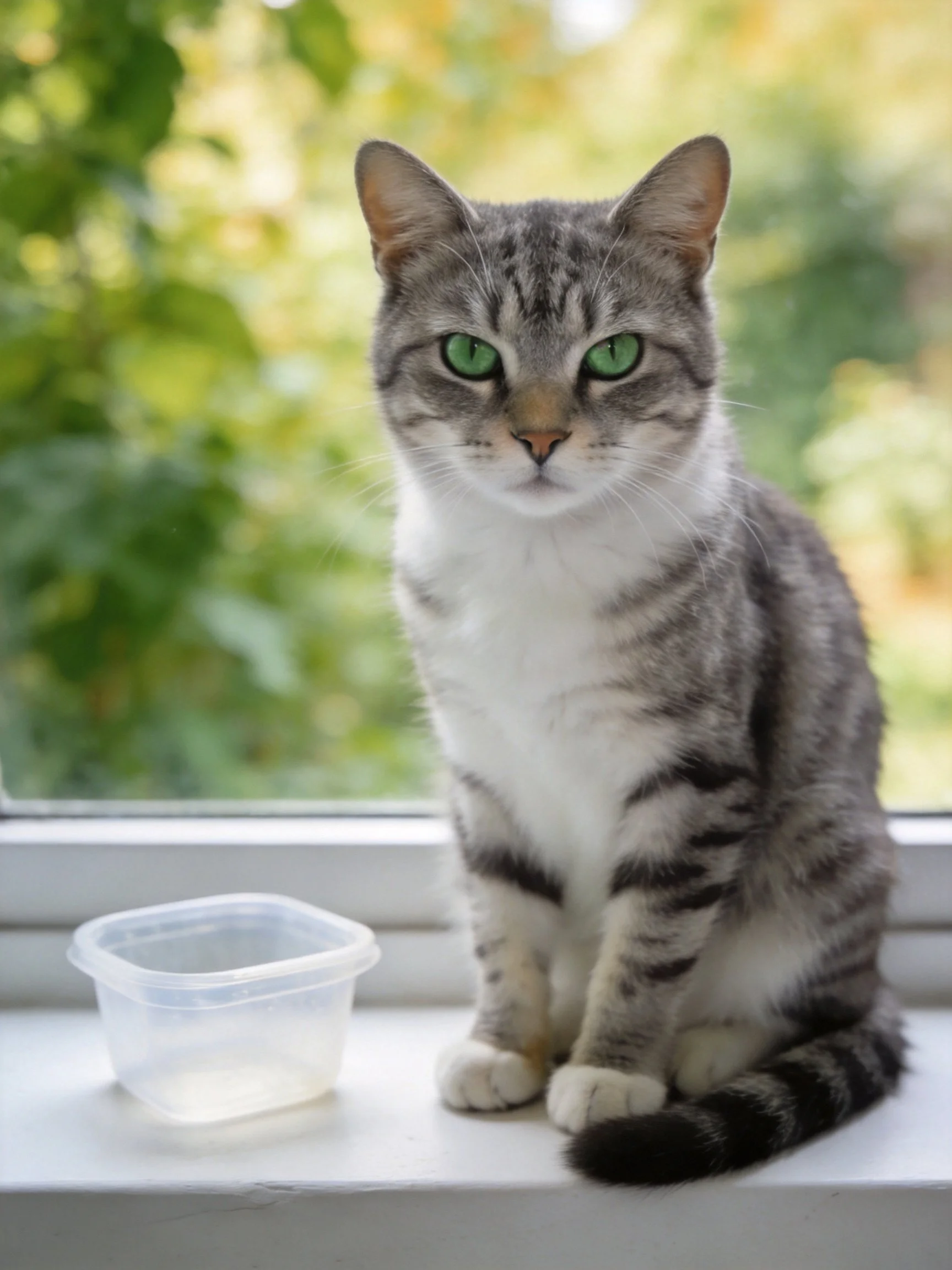 A gray tabby cat sits by a window next to a small plastic container