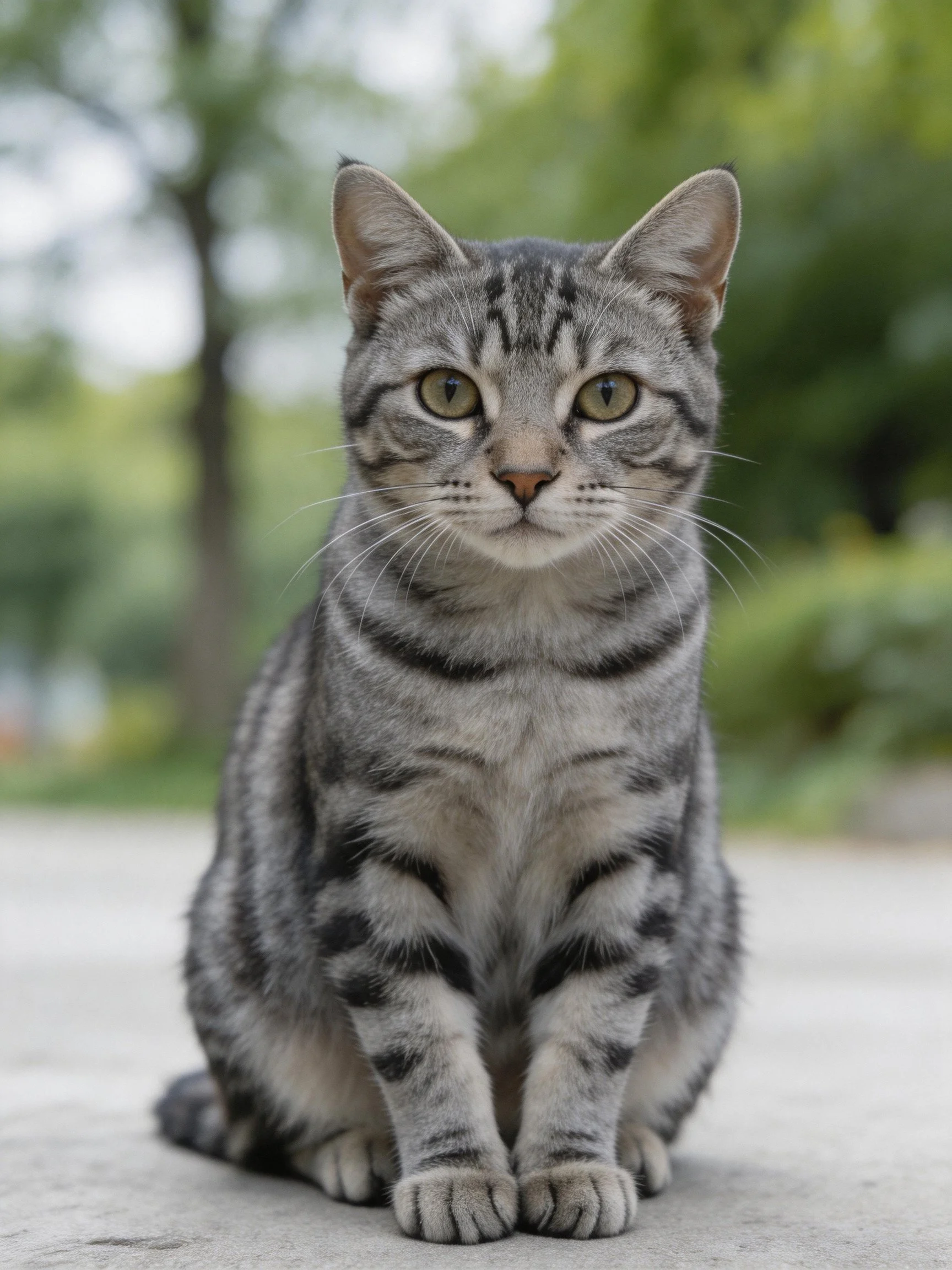 A gray tabby cat sits calmly on a concrete outdoor surface