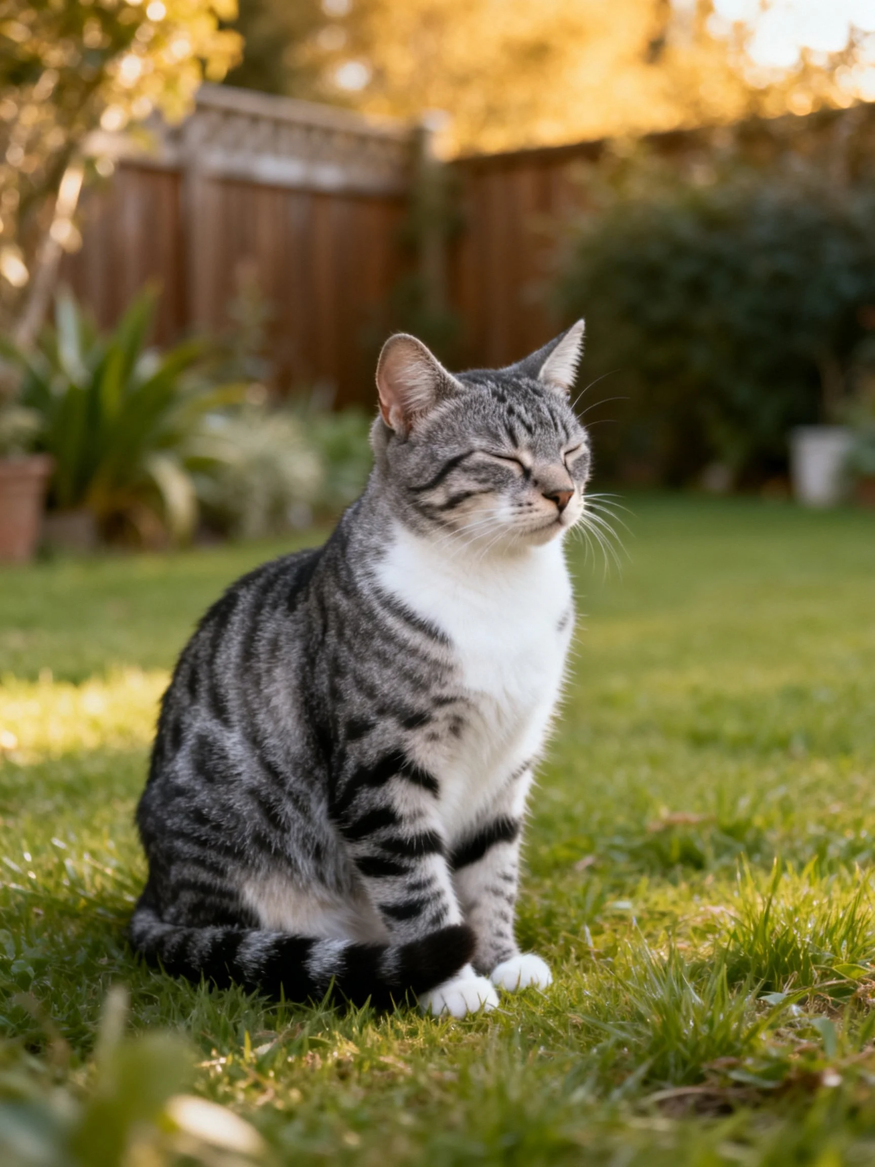 A gray tabby cat sits contentedly on a sunlit lawn