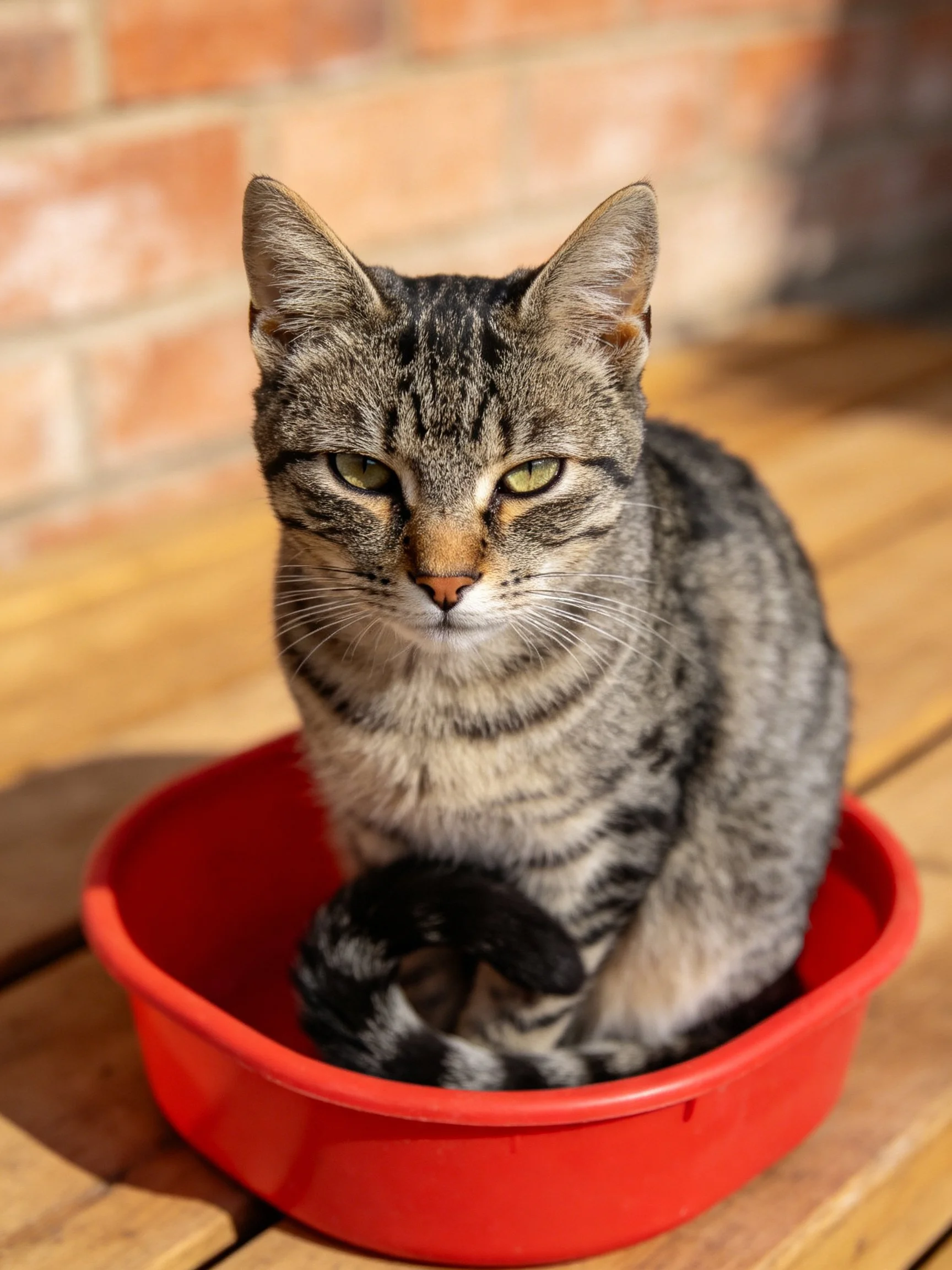 A gray tabby cat sits in a red container on a wooden surface near a brick wall