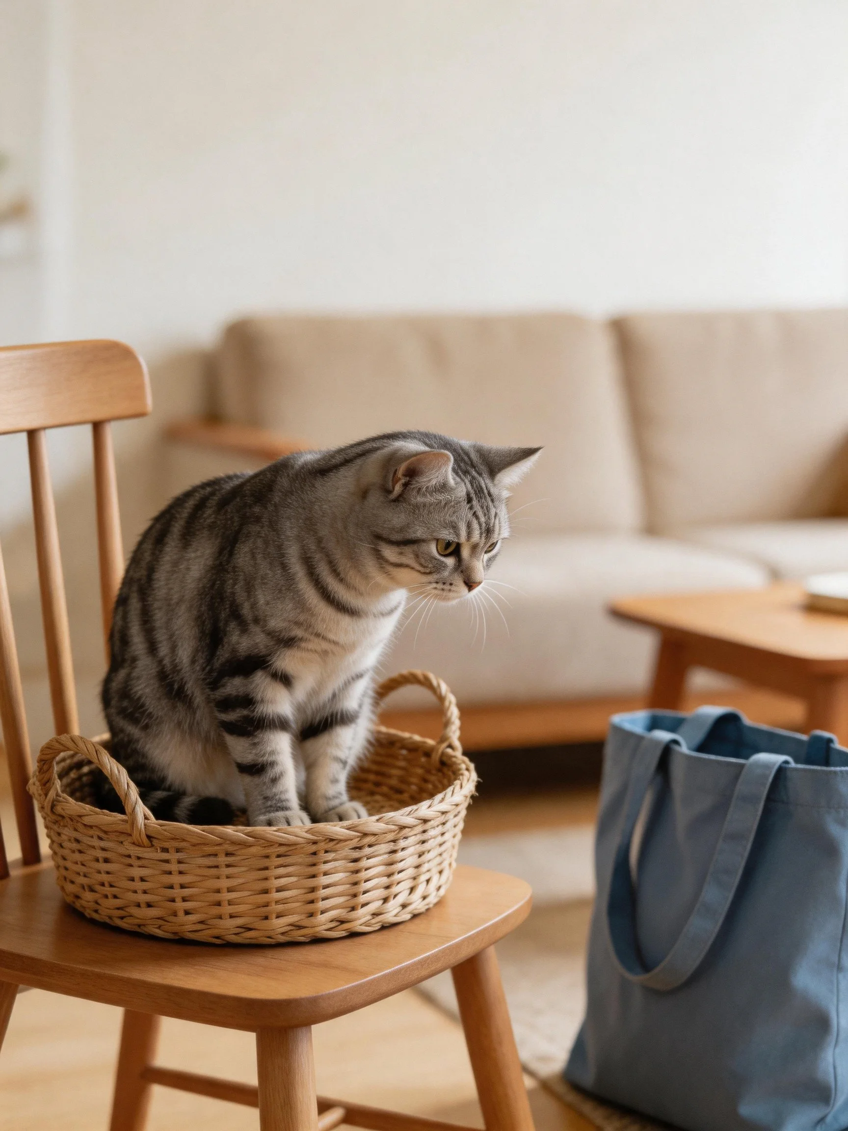 A gray tabby cat sits in a wicker basket on a wooden chair