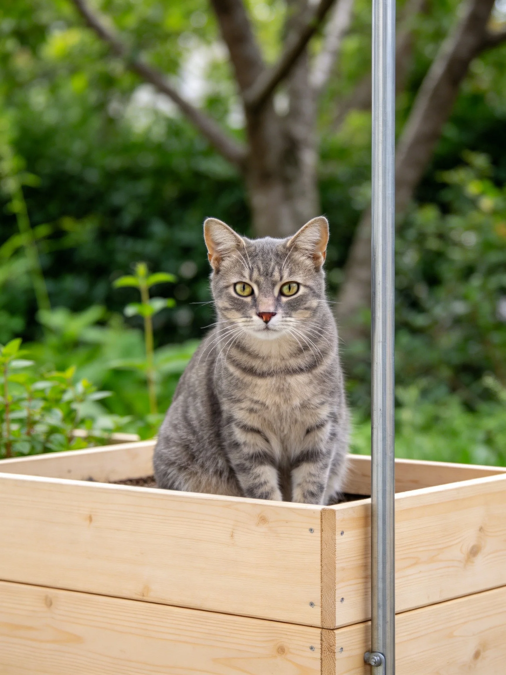 A gray tabby cat sits in a wooden planter amidst greenery