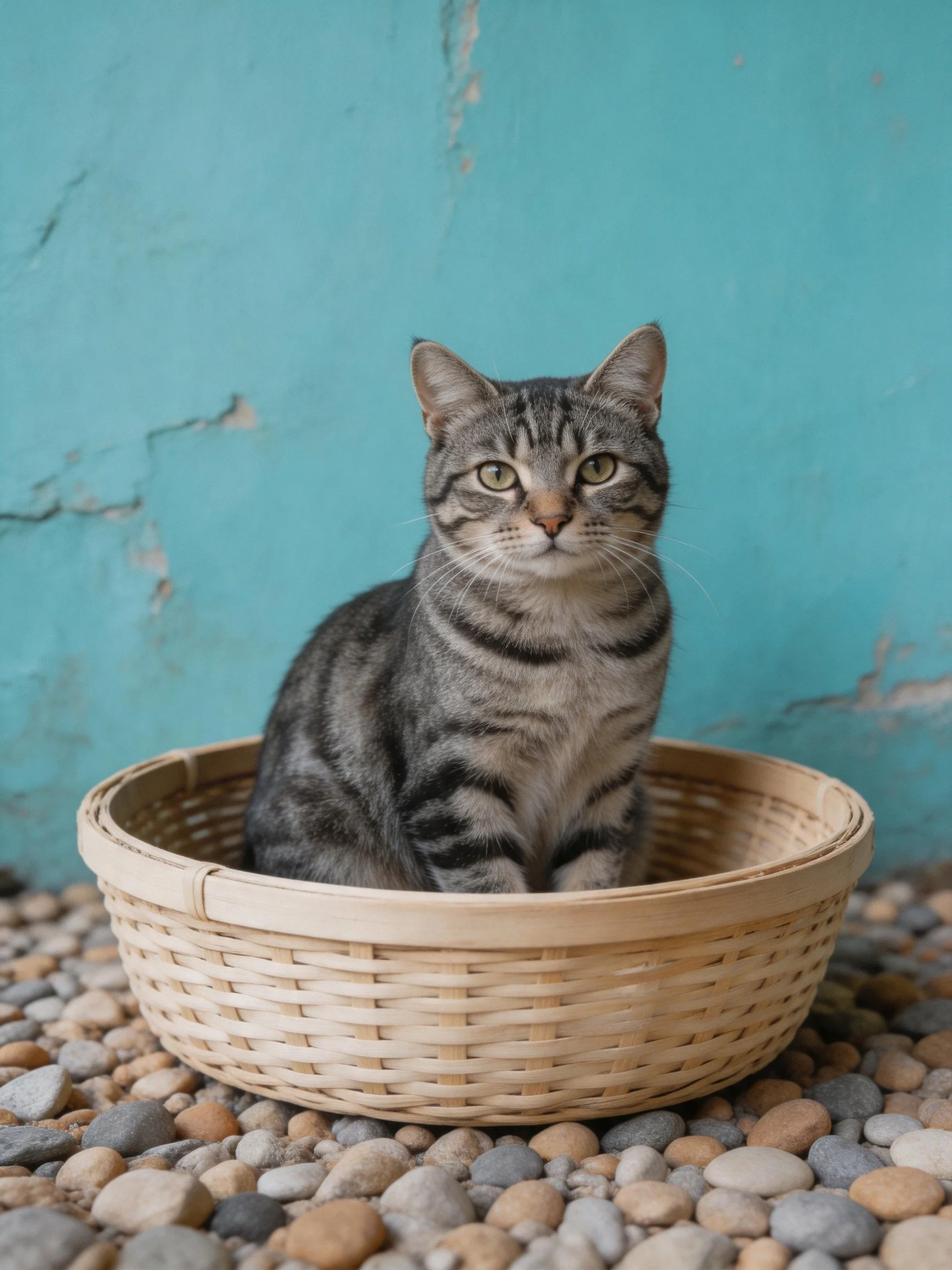 A gray tabby cat sits in a woven basket by a turquoise wall