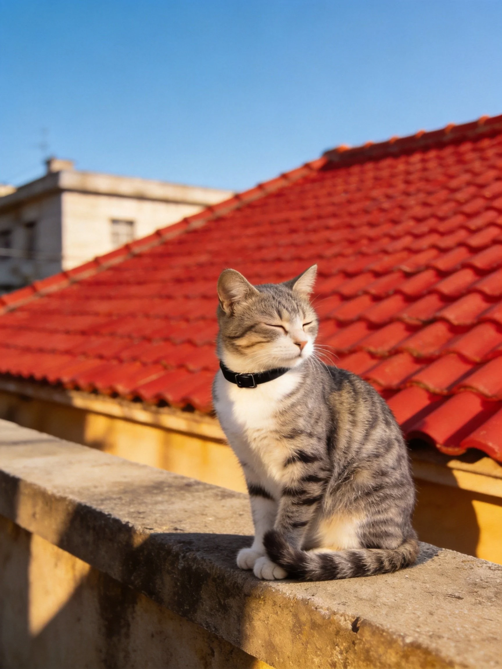 A gray tabby cat sits near a bright red tiled roof