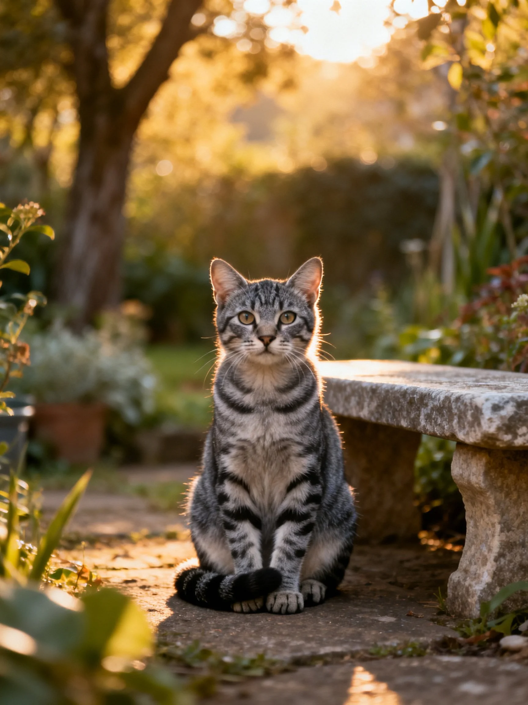 A gray tabby cat sits beside a stone bench in a sunlit garden.