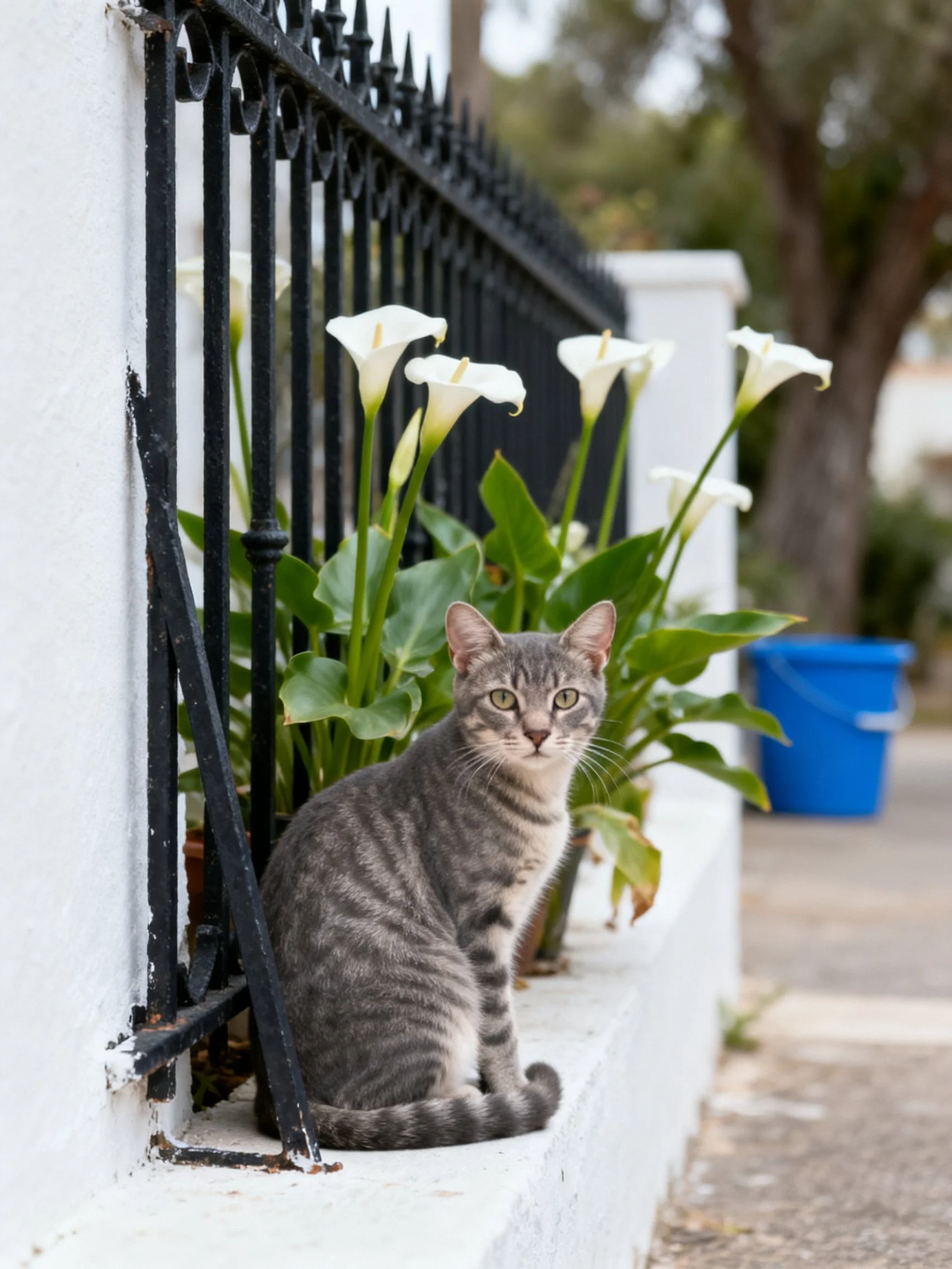 A gray tabby cat rests beside calla lilies next to an iron fence.