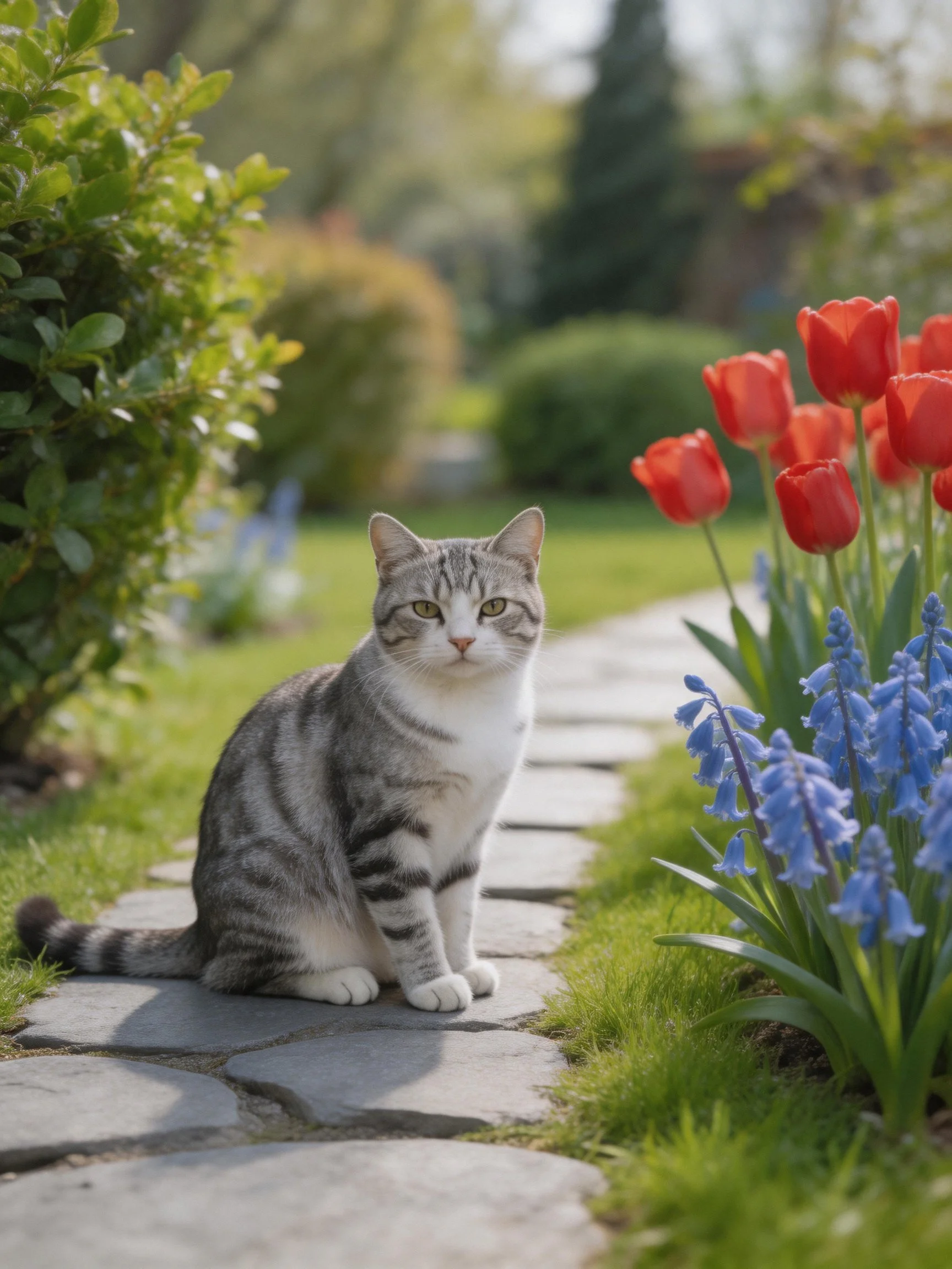 A gray tabby cat rests beside colorful flowers along a stone garden path.