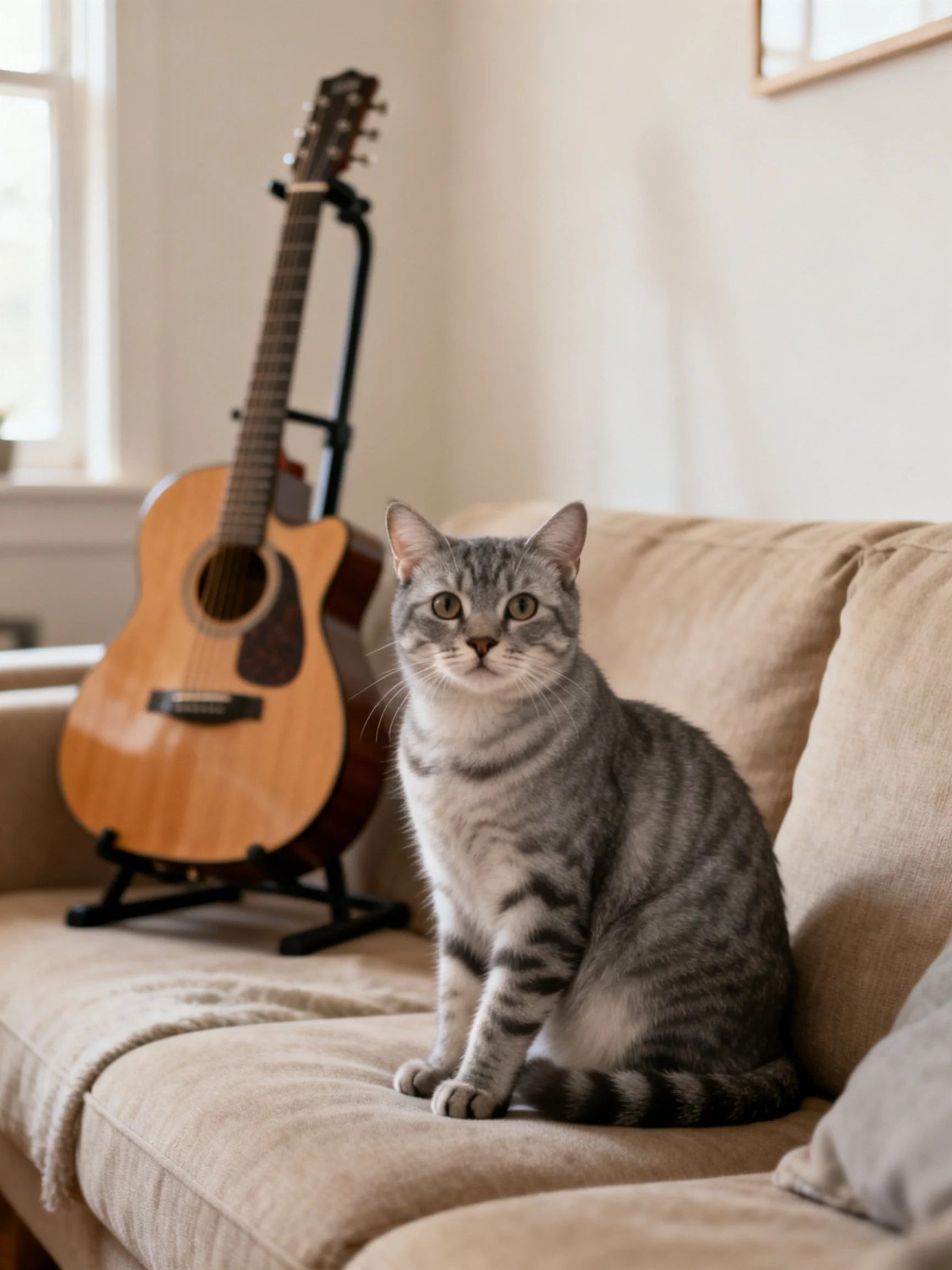 A gray tabby cat sits on a beige sofa near an acoustic guitar