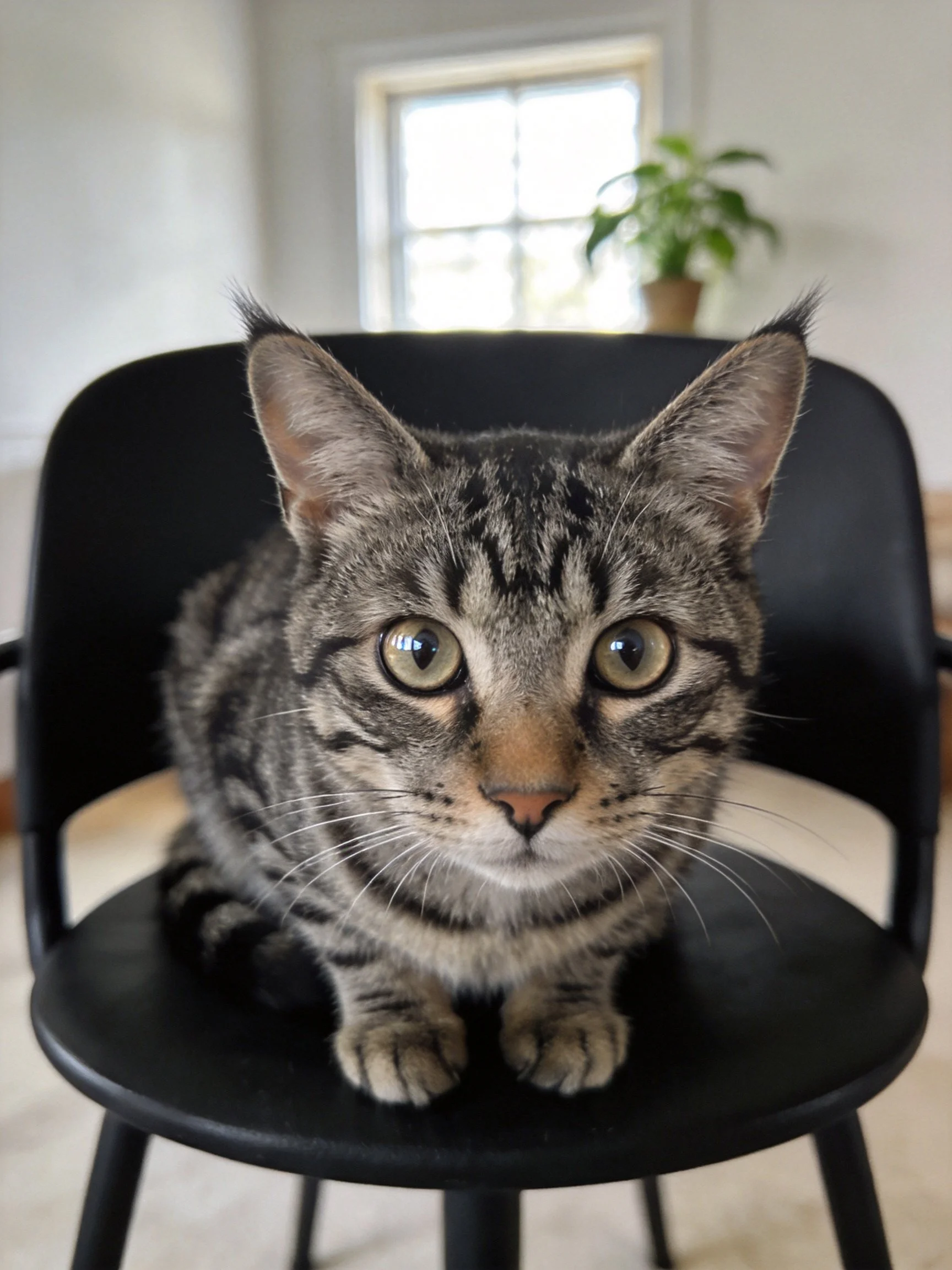 A gray tabby cat sits on a black chair by a sunlit window