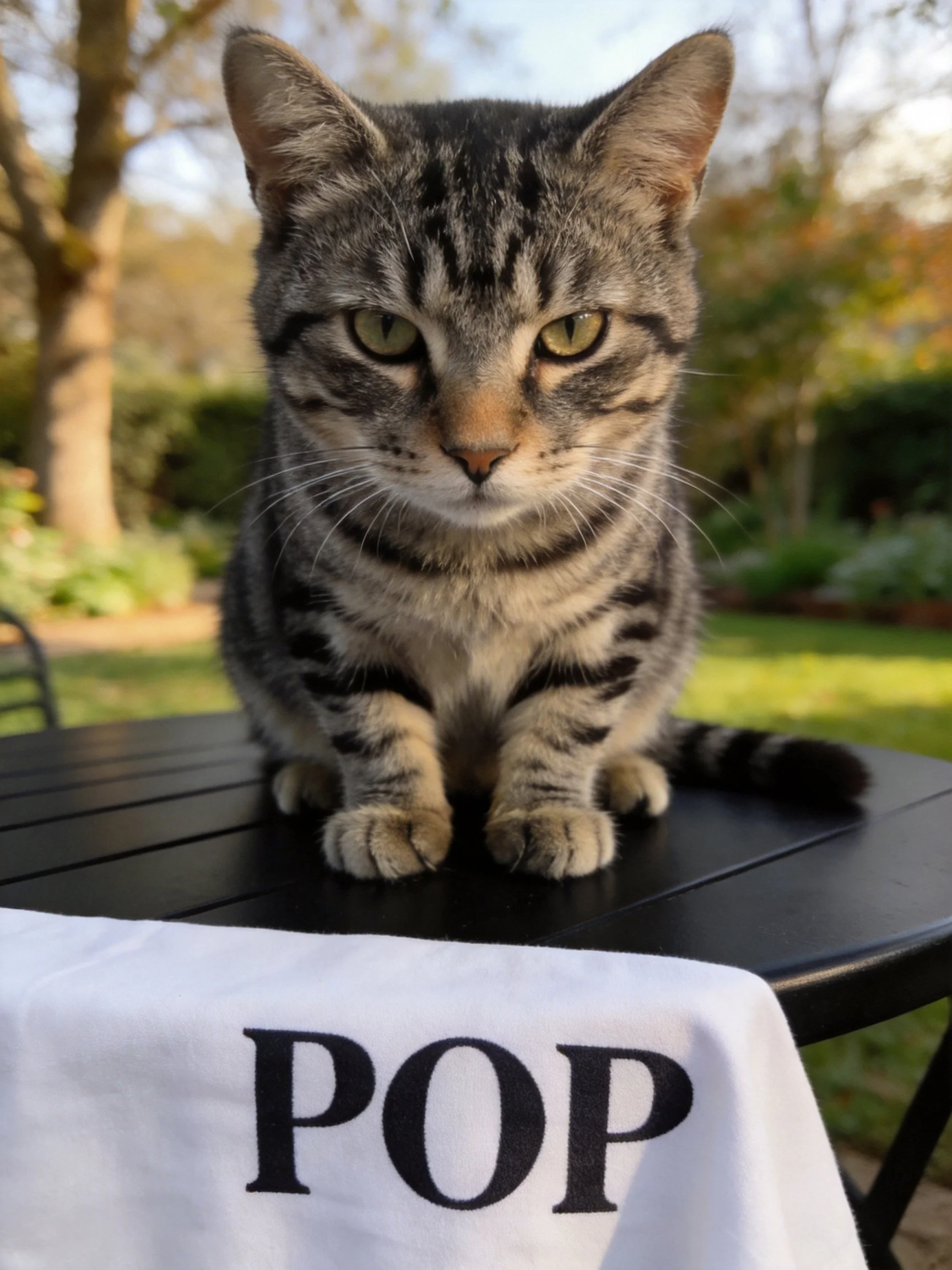 A gray tabby cat sits on a black table with a POP cloth in a sunny garden.