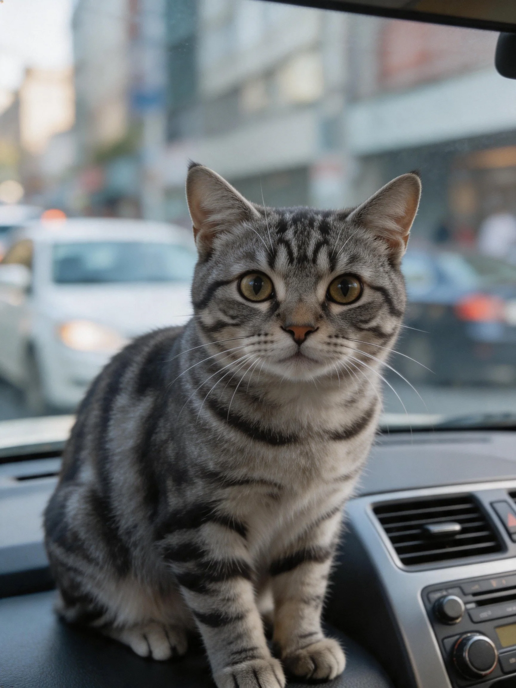 A gray tabby cat sits on a car dashboard amid city traffic