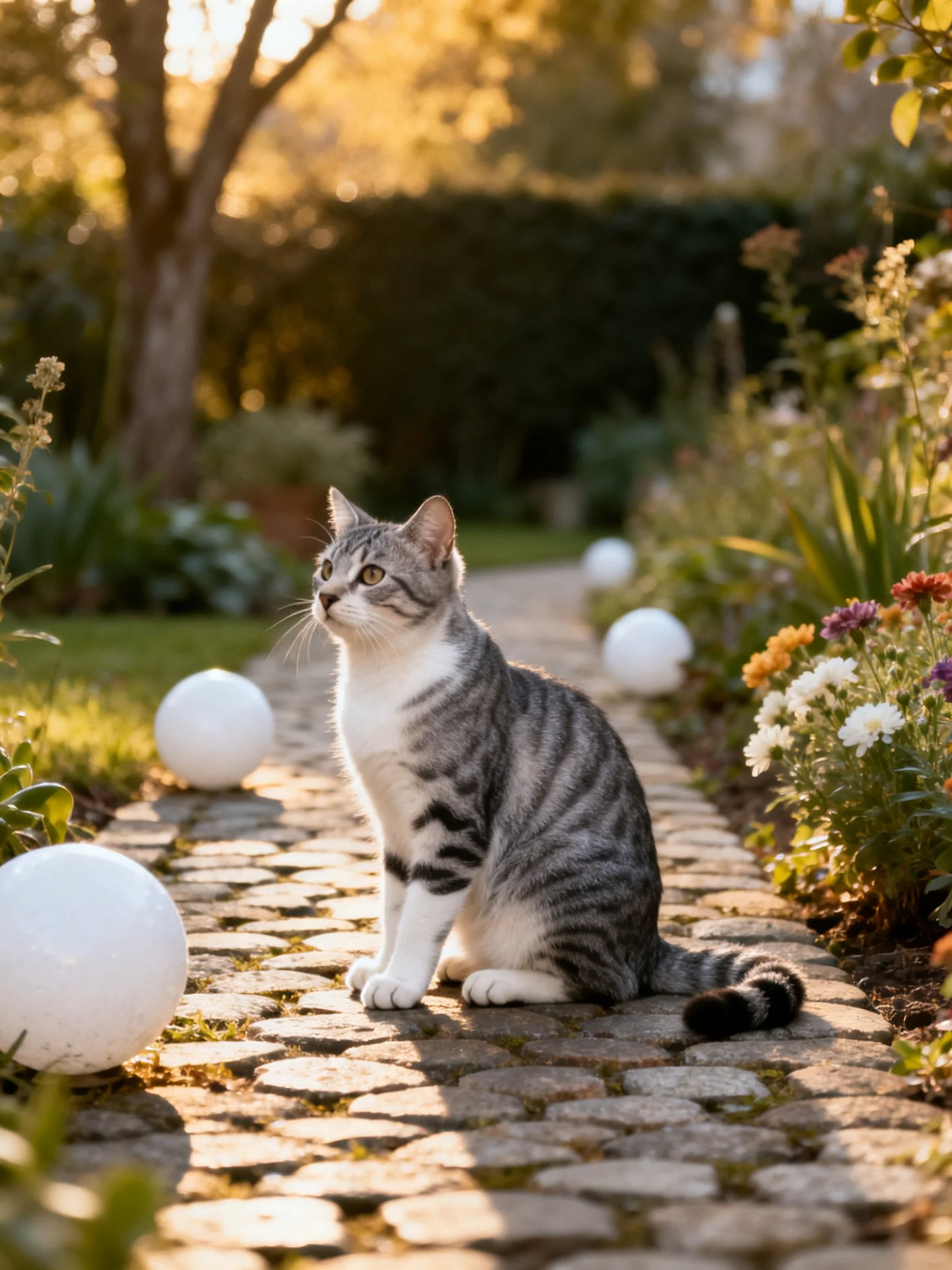 A gray tabby cat sits on a cobblestone path with white orbs in a sunlit garden.