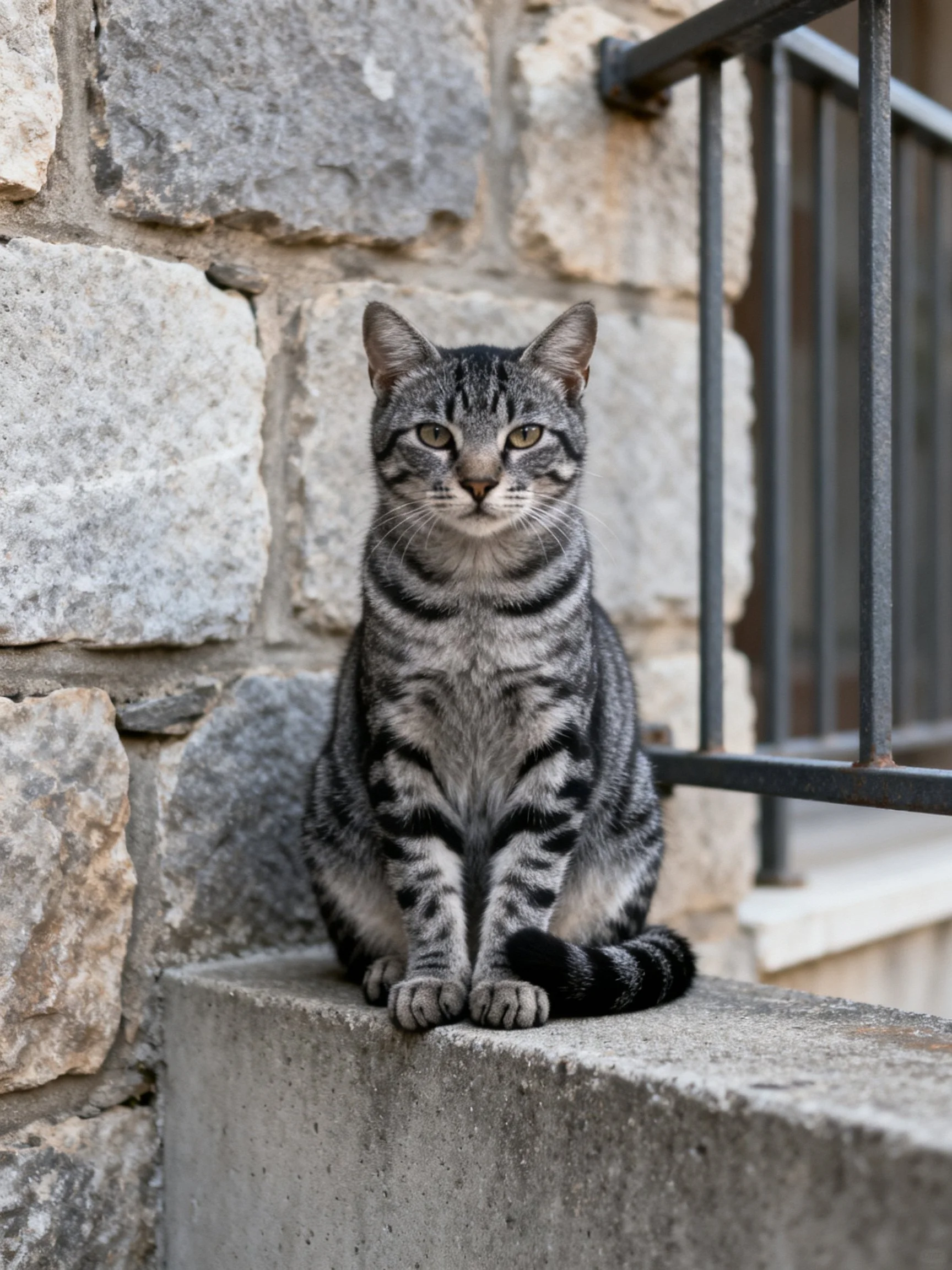 A gray tabby cat sits on a concrete ledge beside a stone wall