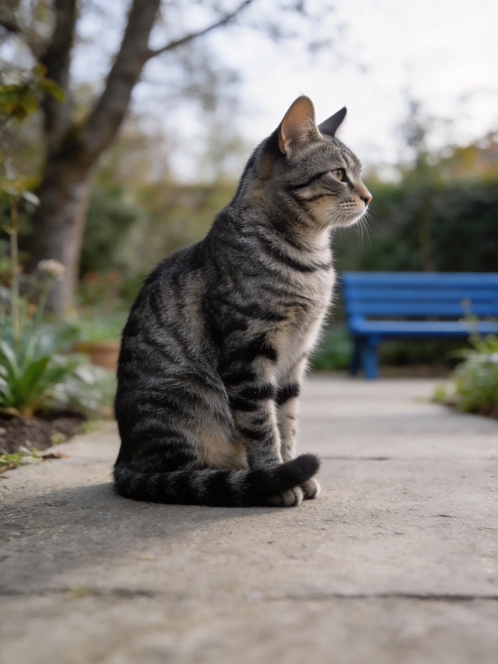 A gray tabby cat sits on a concrete path beside a blue bench