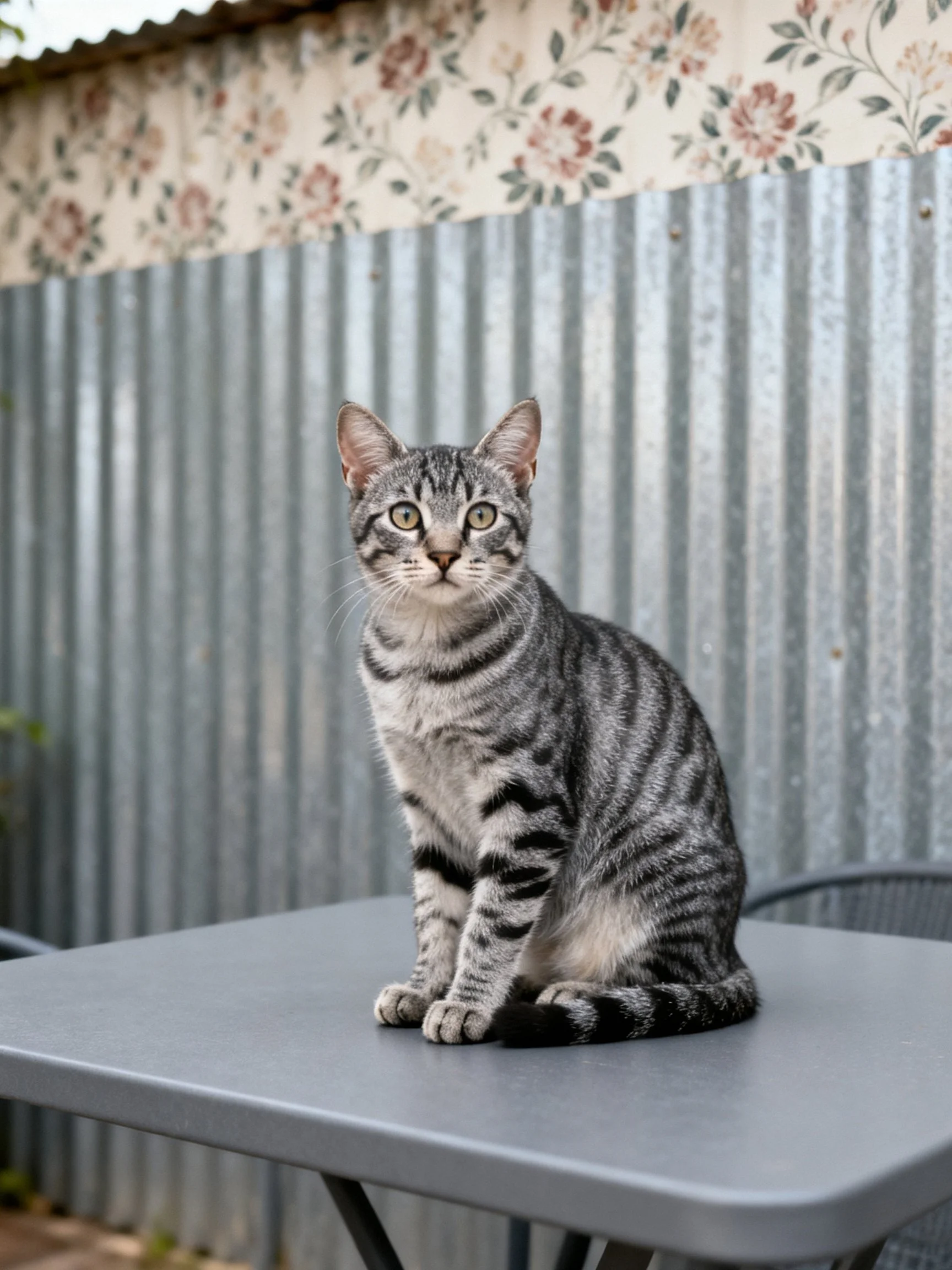 A gray tabby cat sits on a gray table near a corrugated metal fence