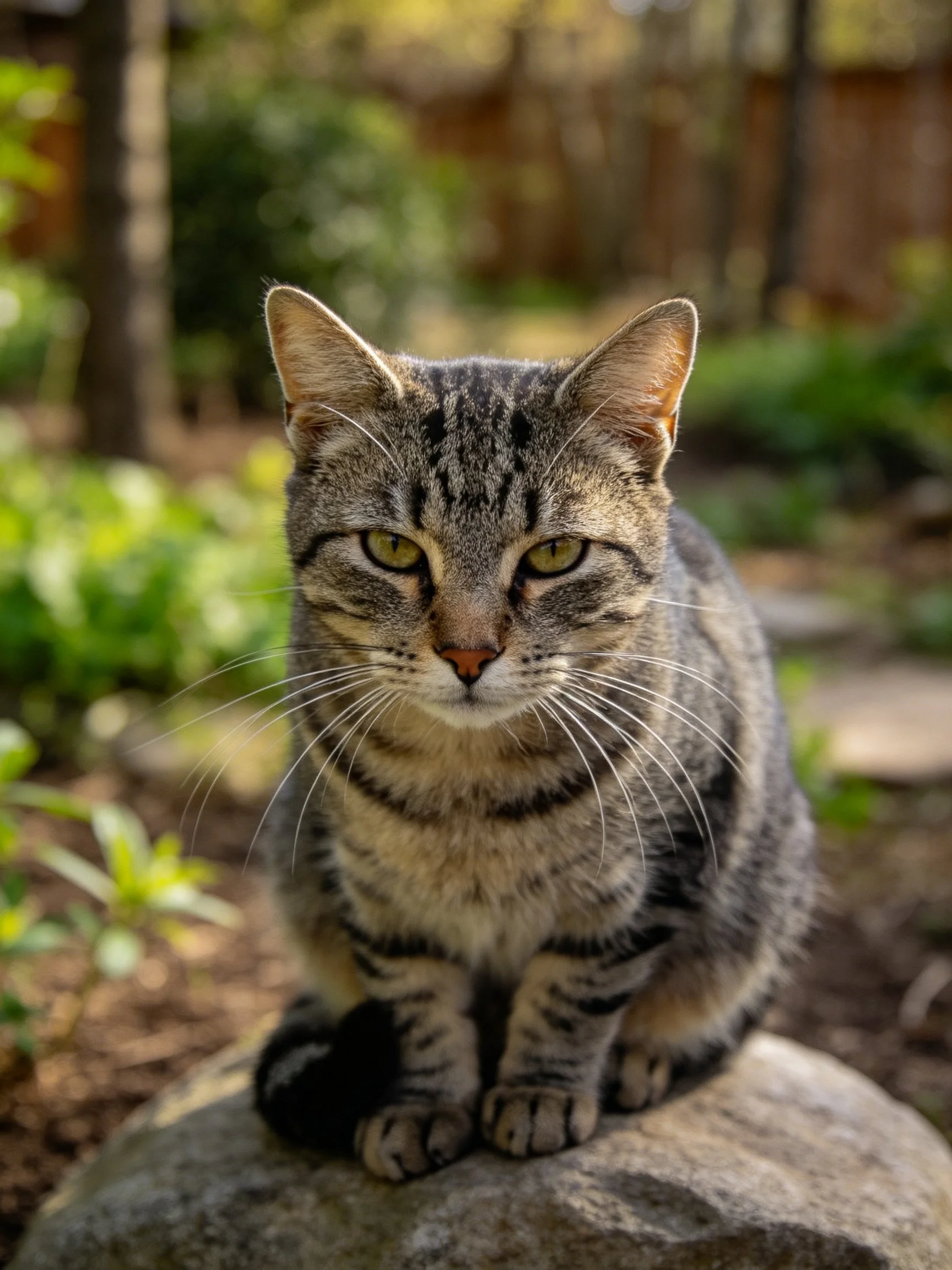 A gray tabby cat sits on a large rock in a sunlit garden
