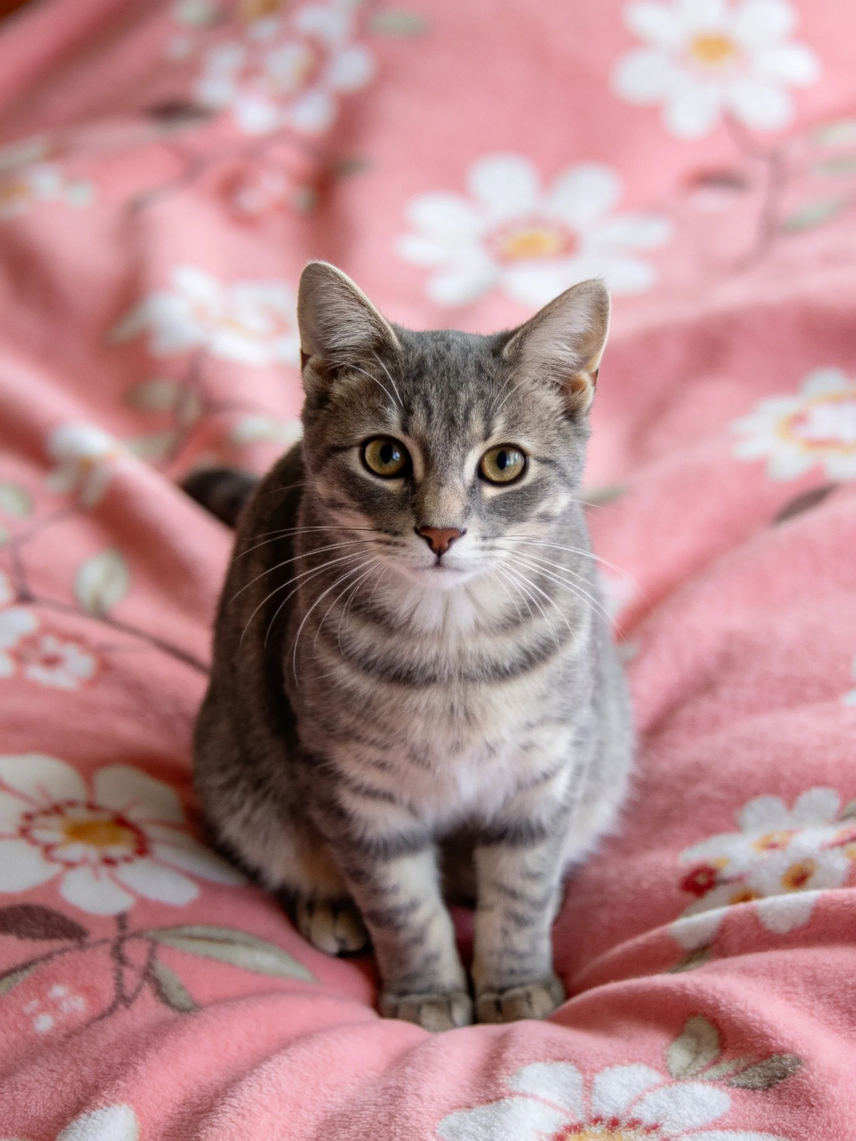 A gray tabby cat sits on a pink floral-patterned blanket