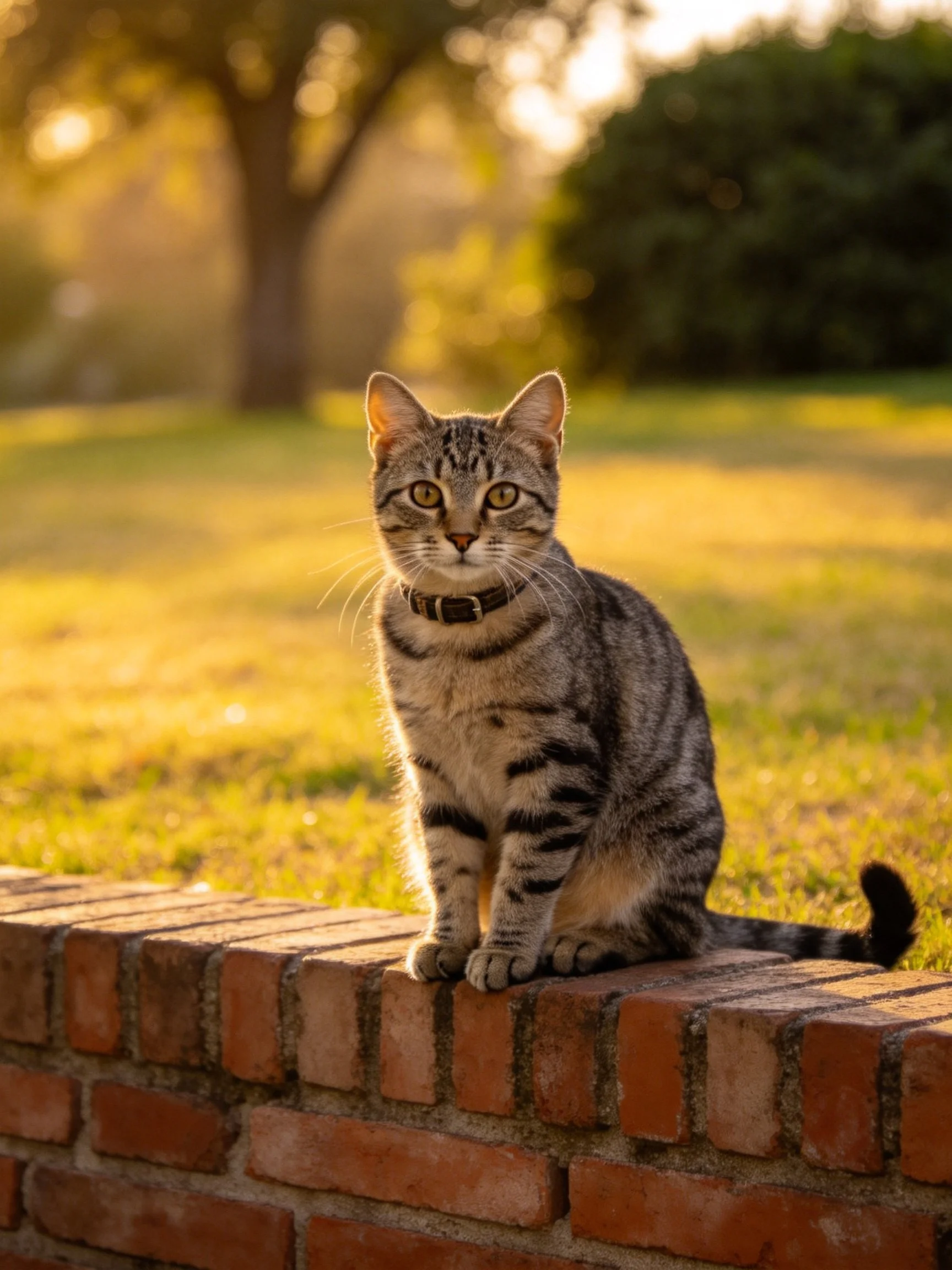 A gray tabby cat sits on a red brick wall in golden sunlight