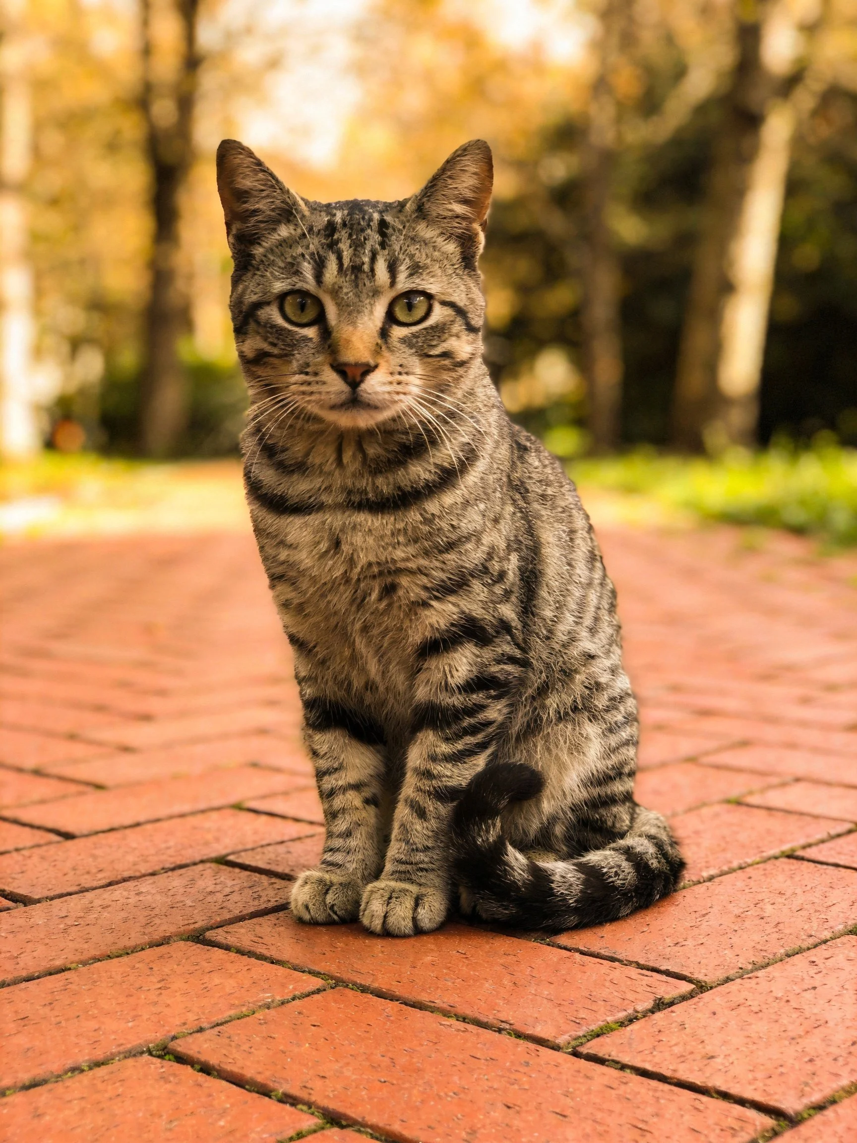 A gray tabby cat sits on a reddish-brown brick pathway