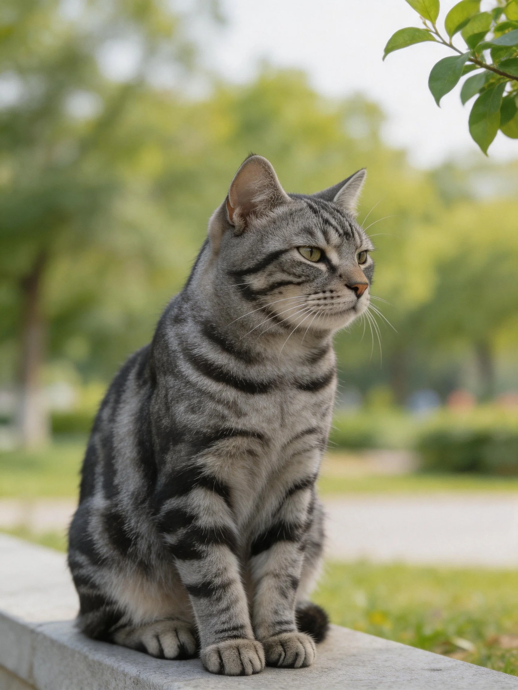 A gray tabby cat sits on a stone ledge in a lush park
