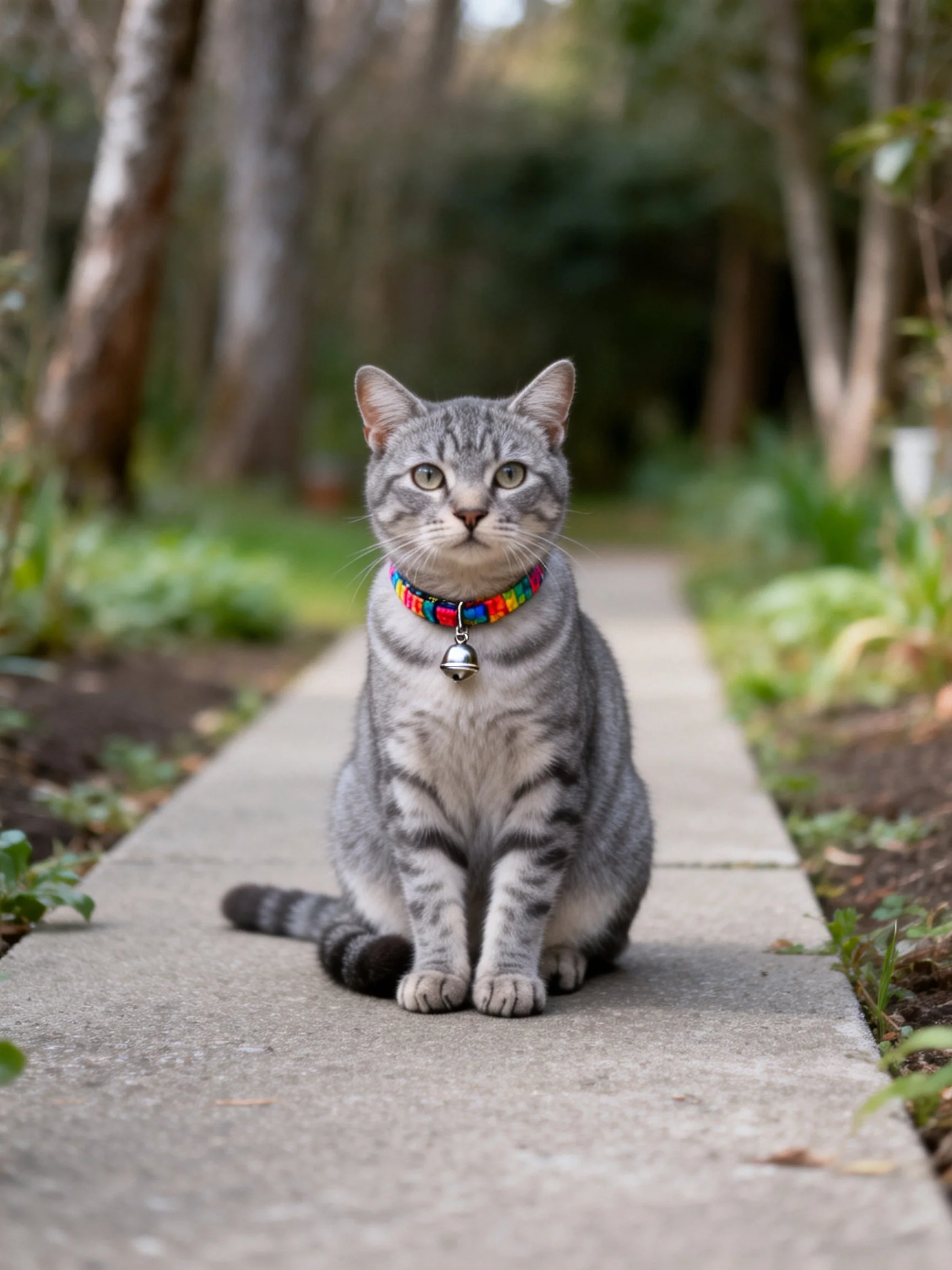 A gray tabby cat sits calmly on a stone pathway amid lush greenery.