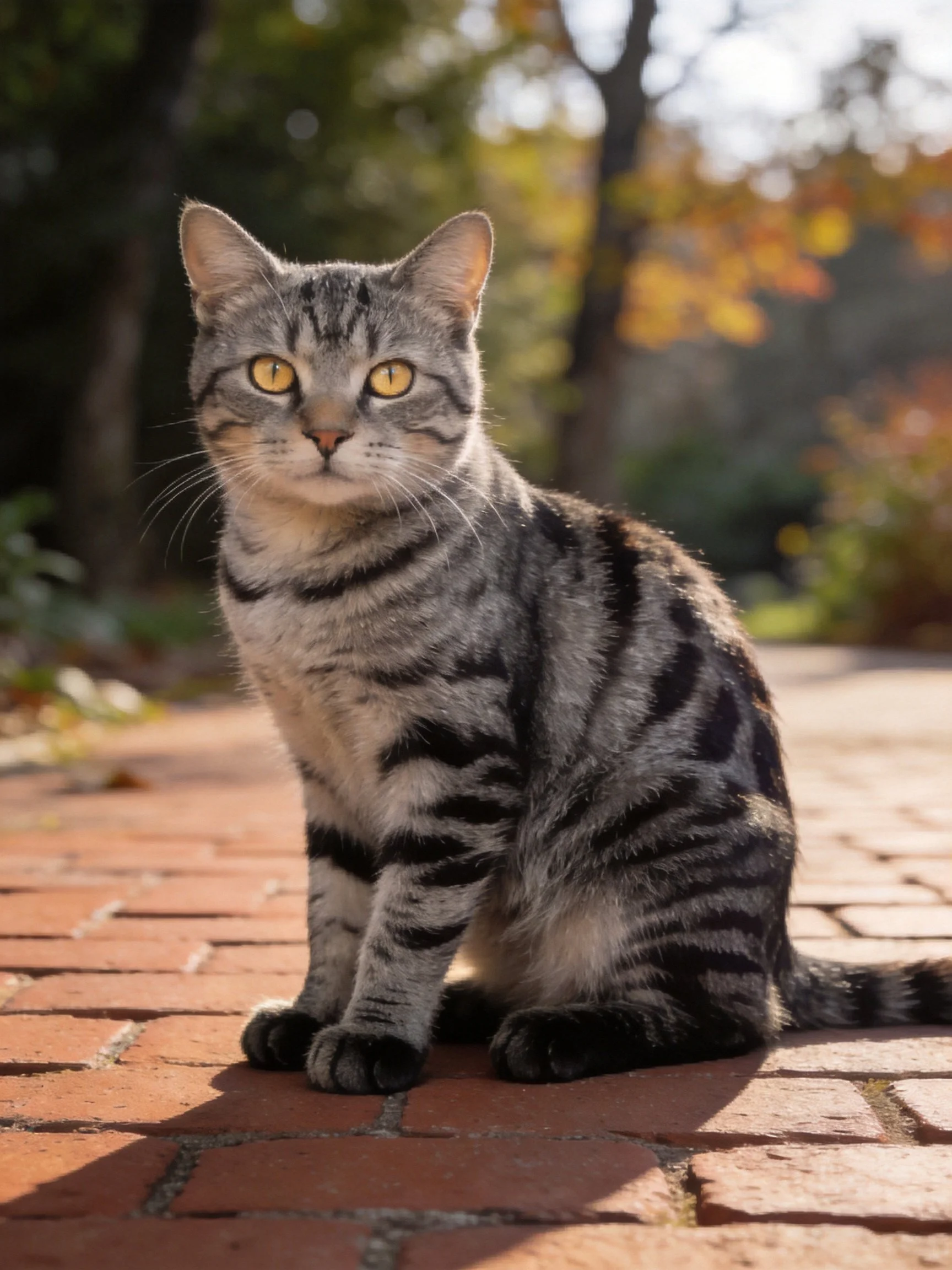 A gray tabby cat sits on a sunlit brick path with autumn trees