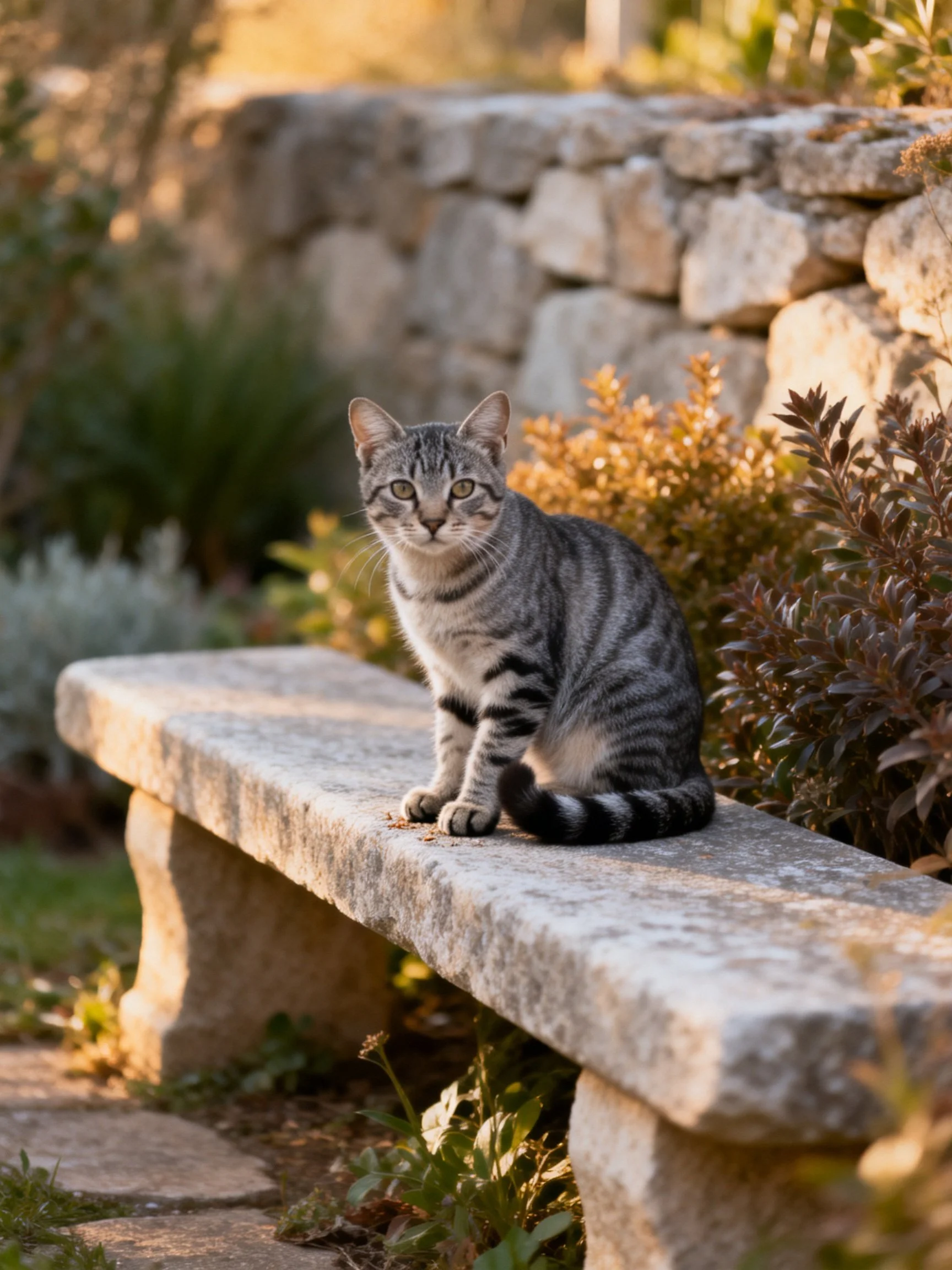 A gray tabby cat rests on a stone bench amid garden vegetation and a stone wall in warm sunlight.