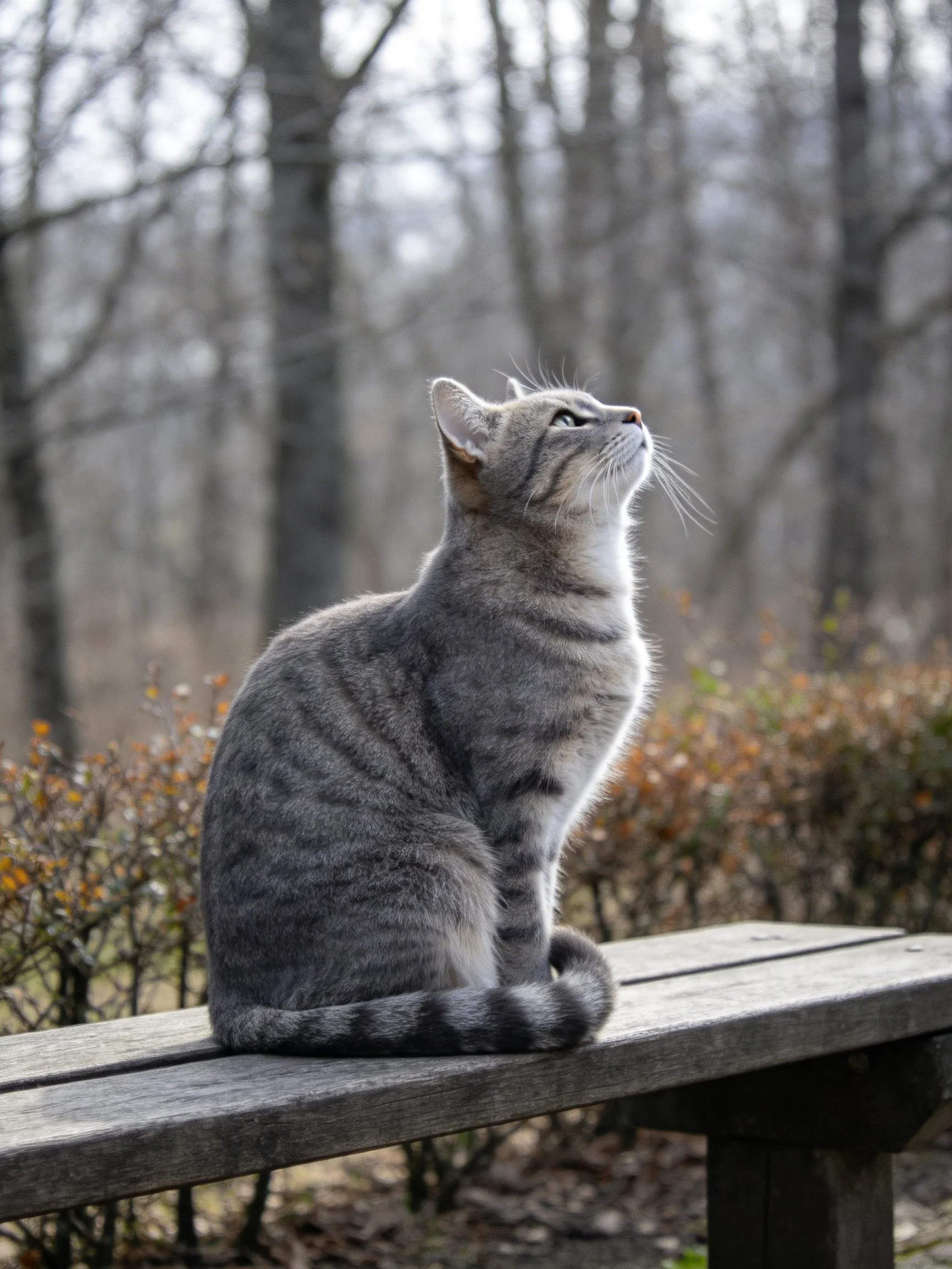 A gray tabby cat sits on a wooden bench in a wooded area with bare trees.