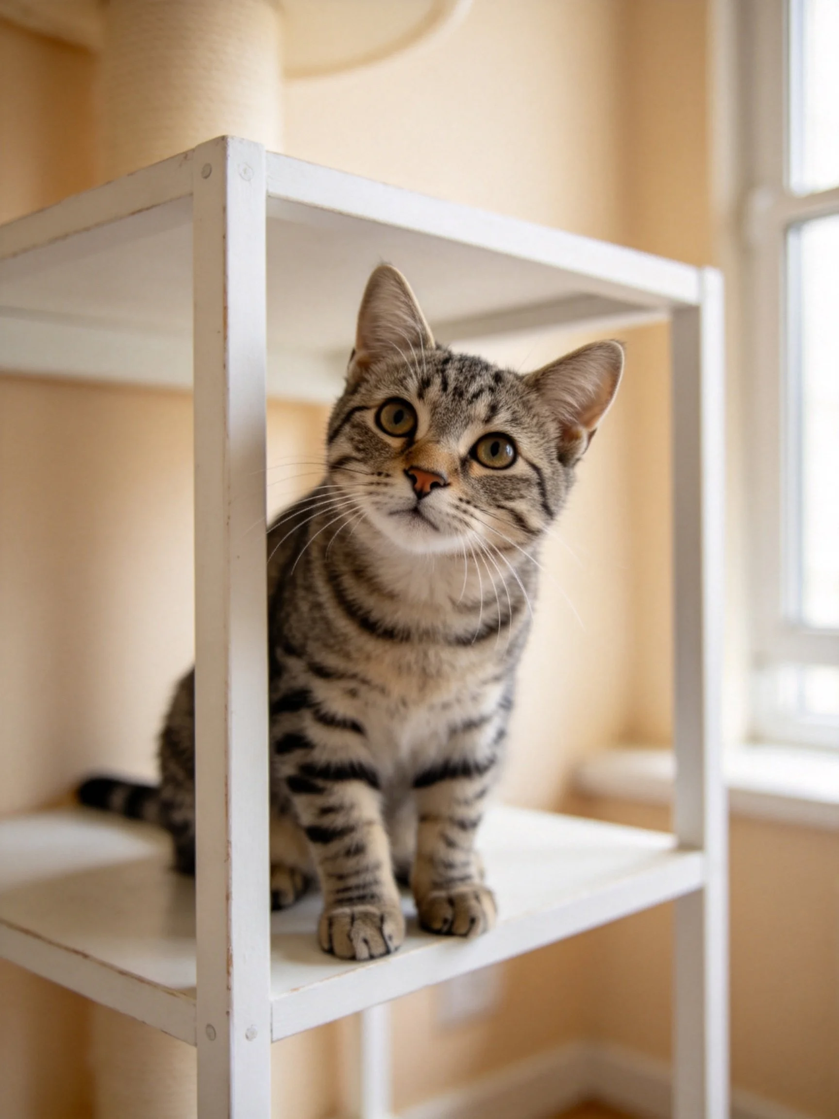 A gray tabby cat sits on a white shelving unit near a window