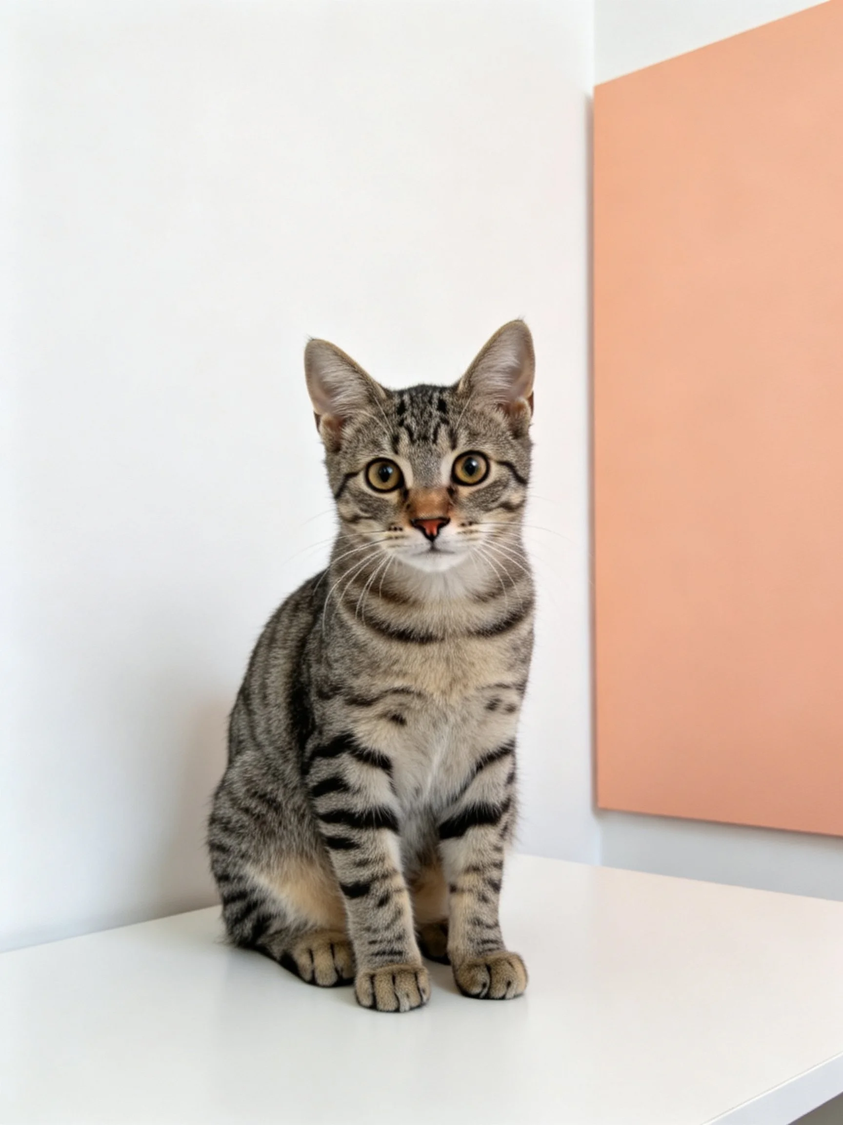 A gray tabby cat sits on a white surface near a peach panel