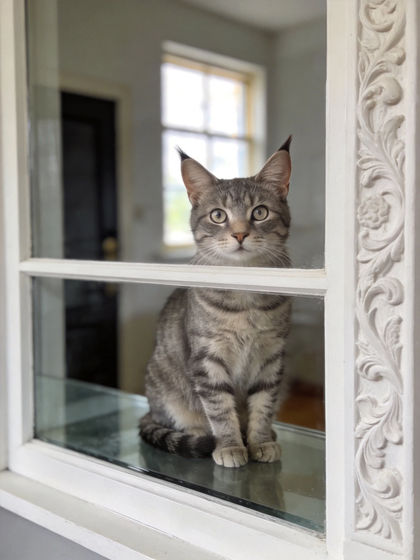 A gray tabby cat sits on a windowsill near a window with decorative trim