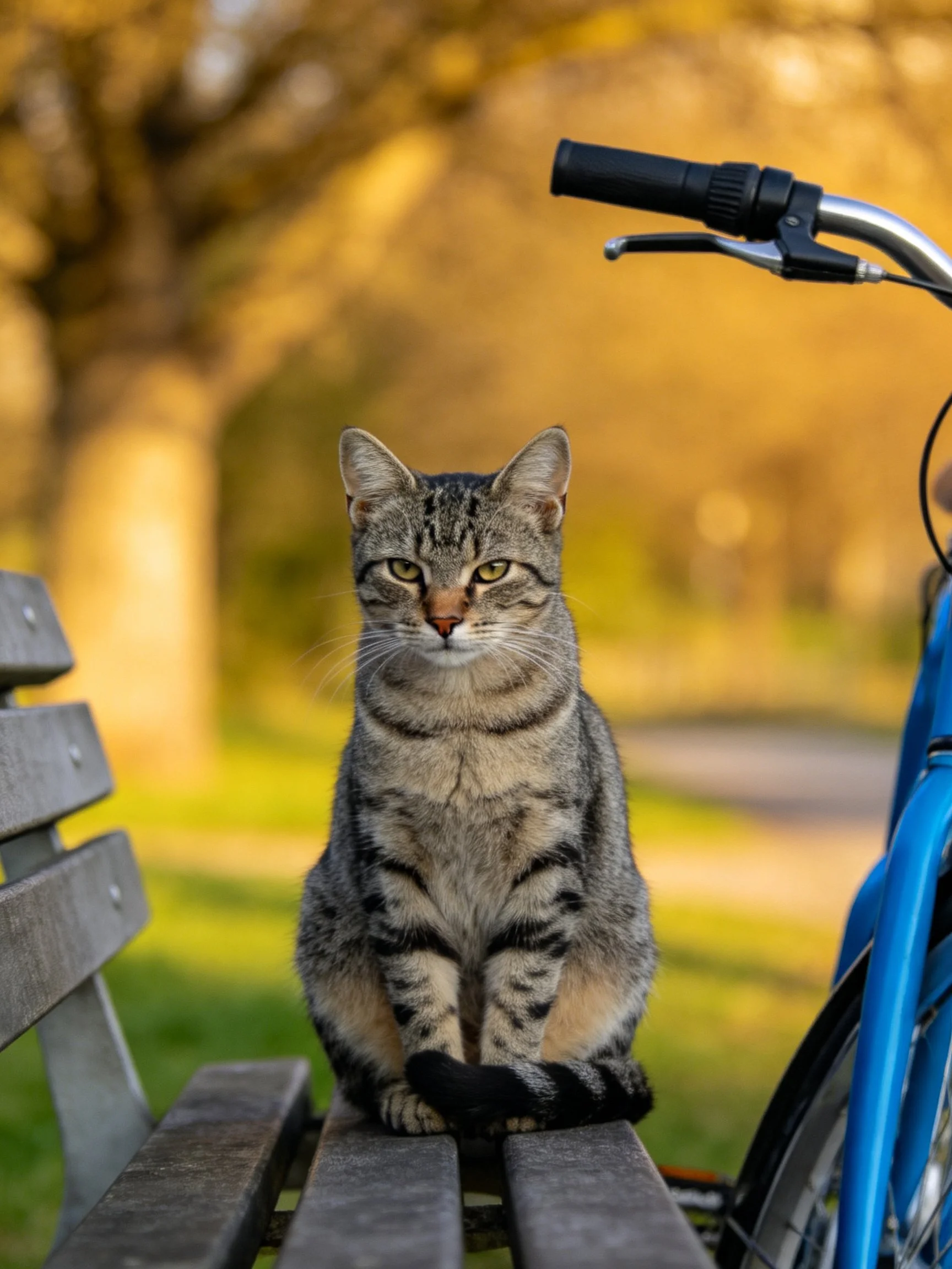 A gray tabby cat sits on a wooden bench beside a blue bicycle