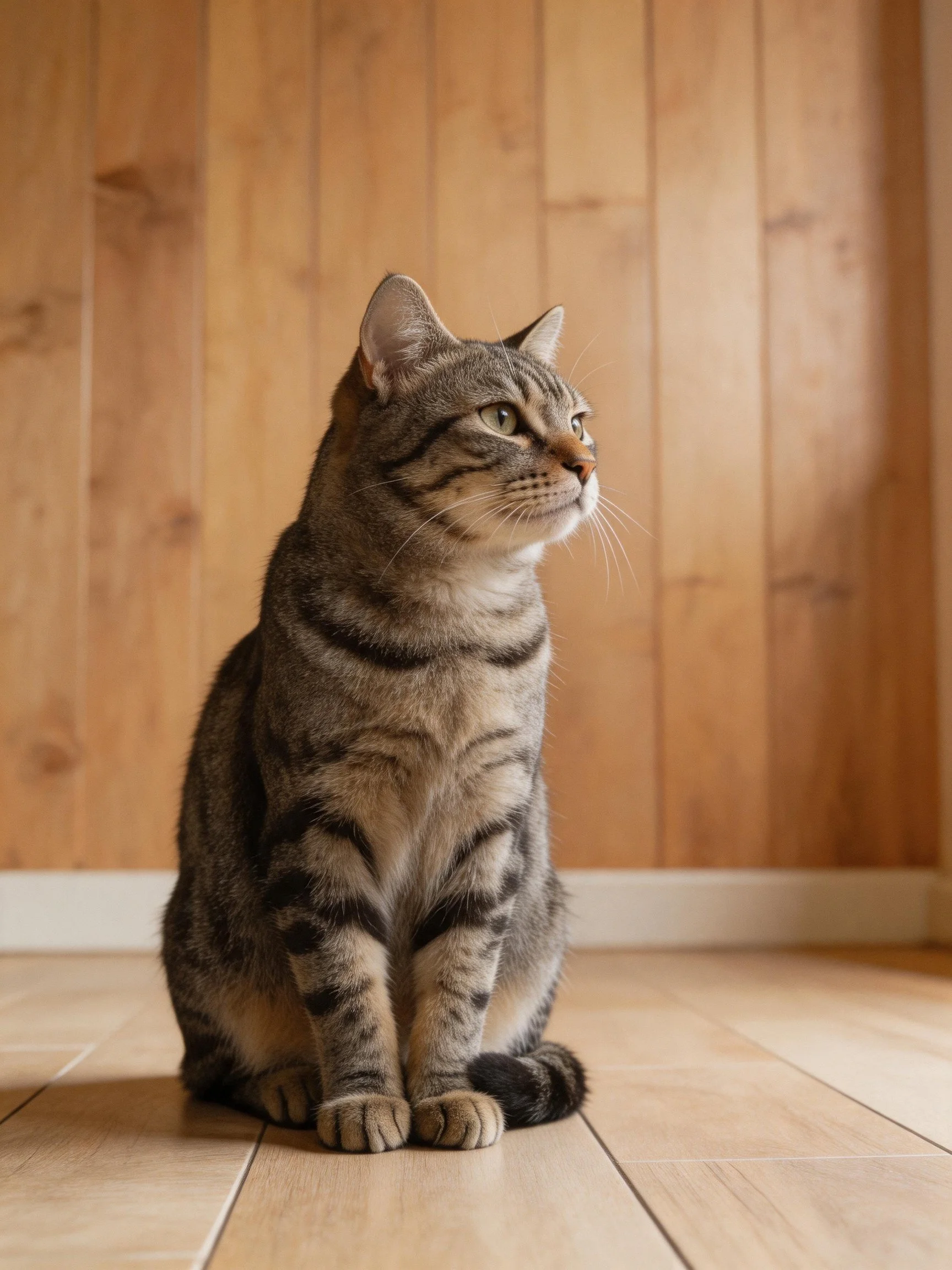 A gray tabby cat sits on a wooden floor beside a wood-paneled wall.