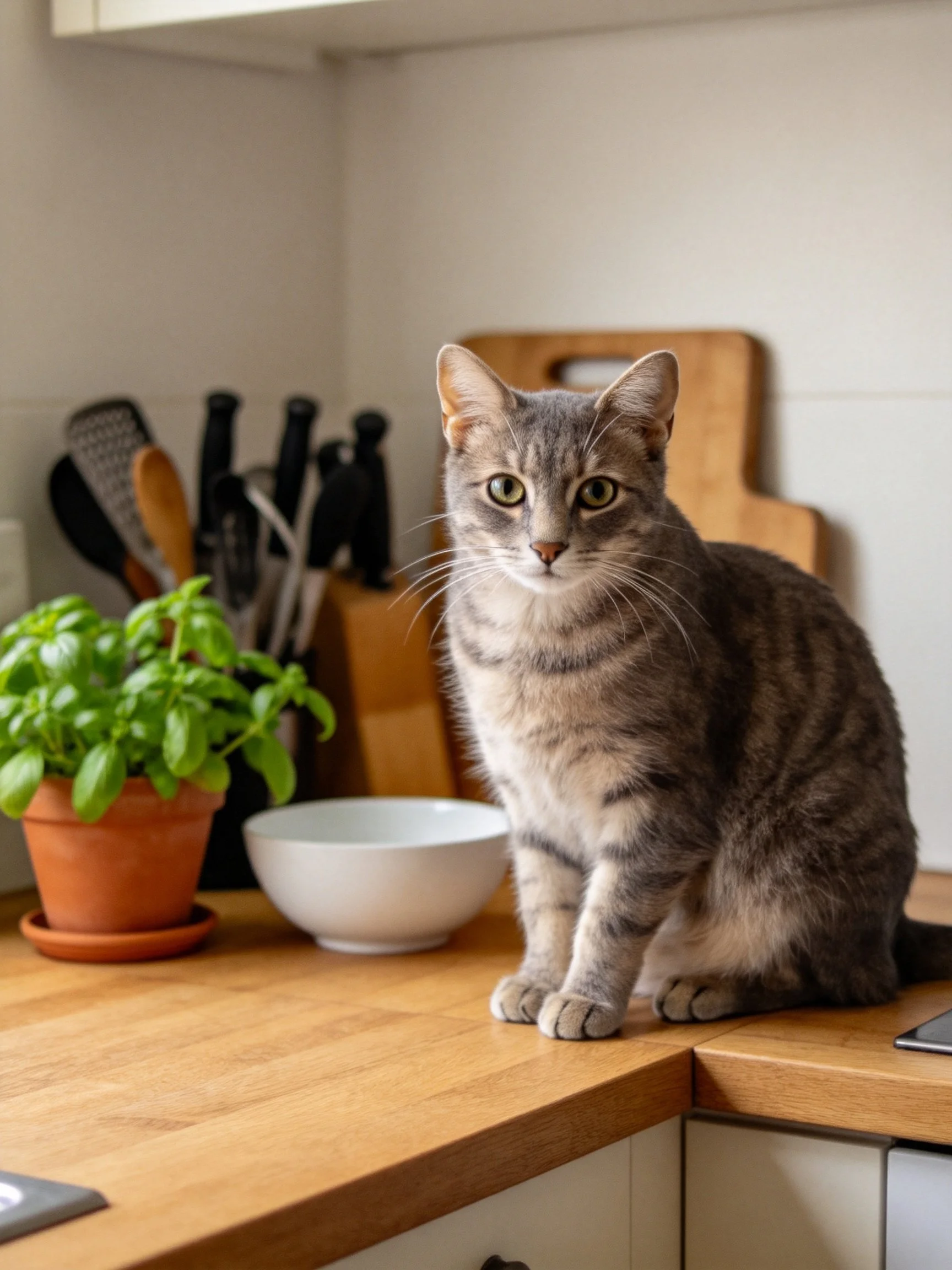 A gray tabby cat sits on a wooden kitchen counter near green basil