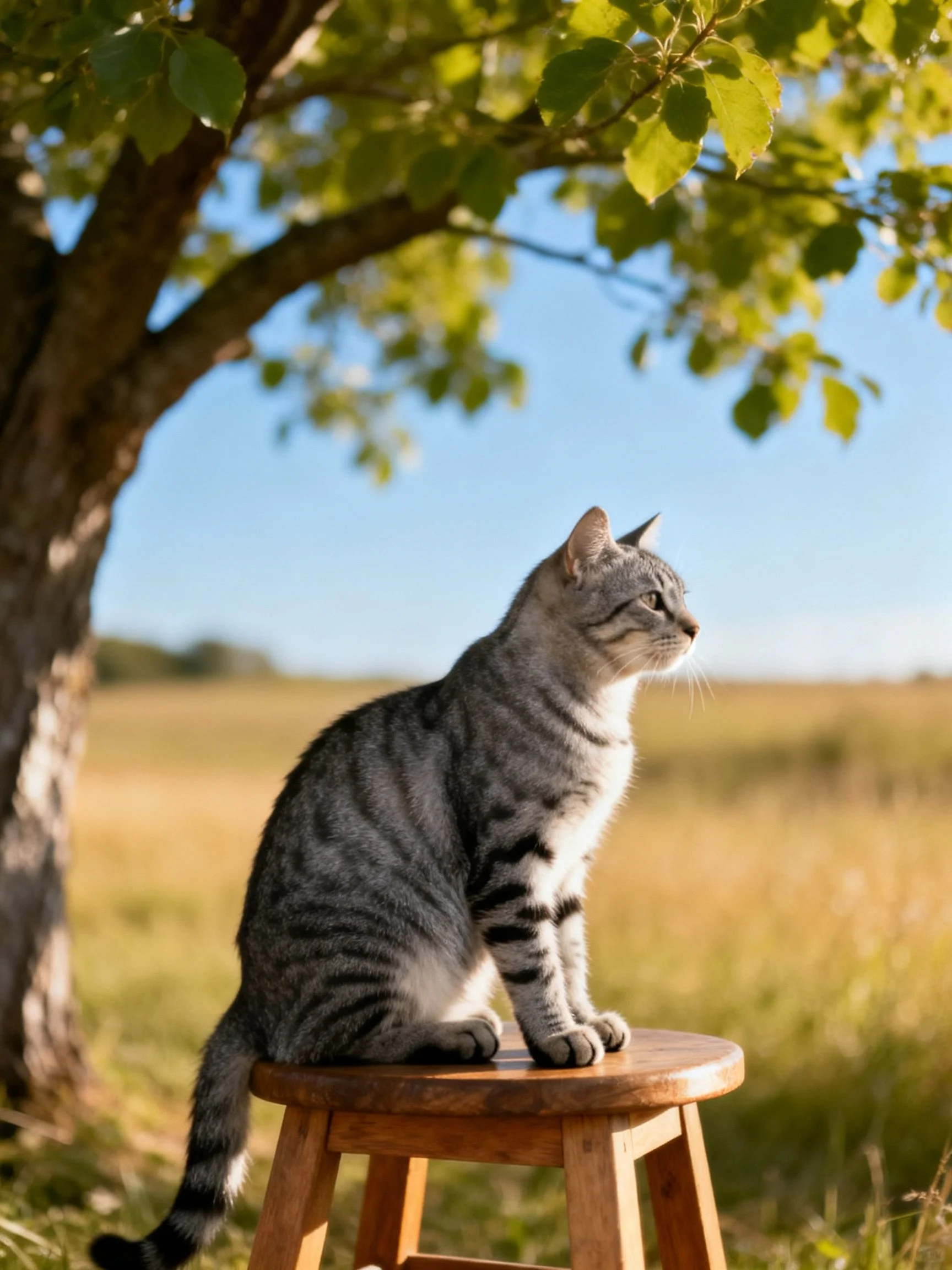 A gray tabby cat sits on a wooden stool beneath a leafy tree