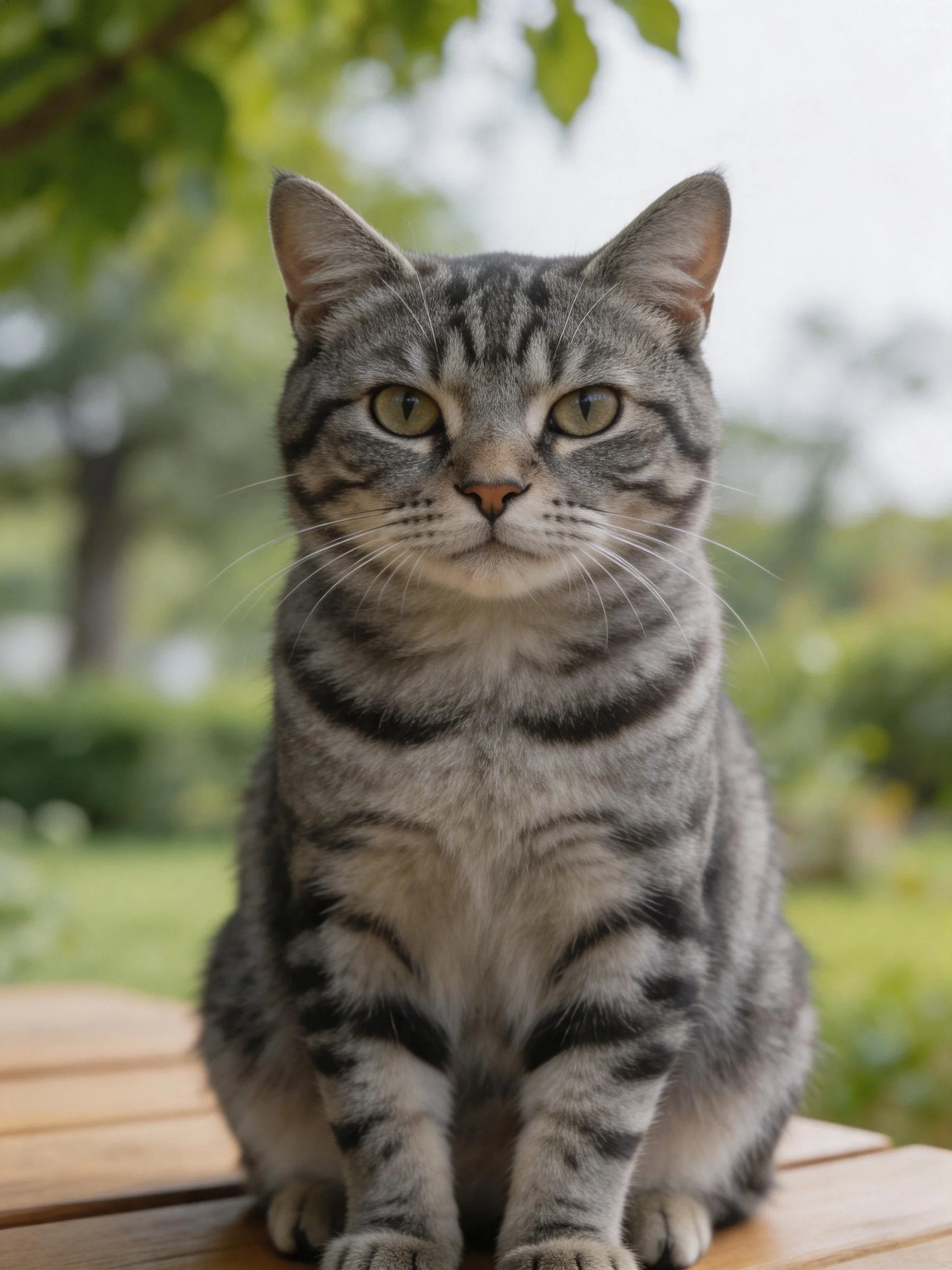 A gray tabby cat sits on a wooden surface with greenery behind