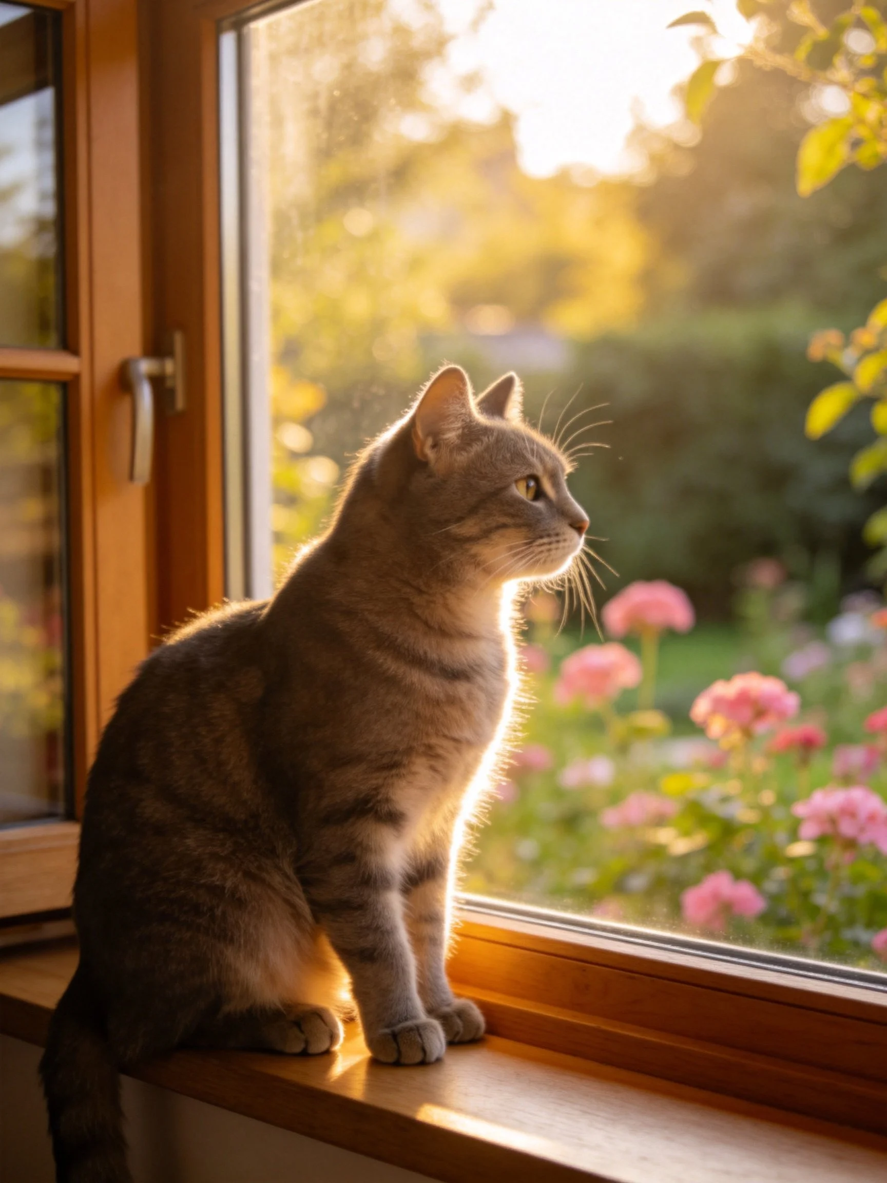 A gray tabby cat sits on a wooden windowsill, gazing at a sunlit garden with pink flowers.