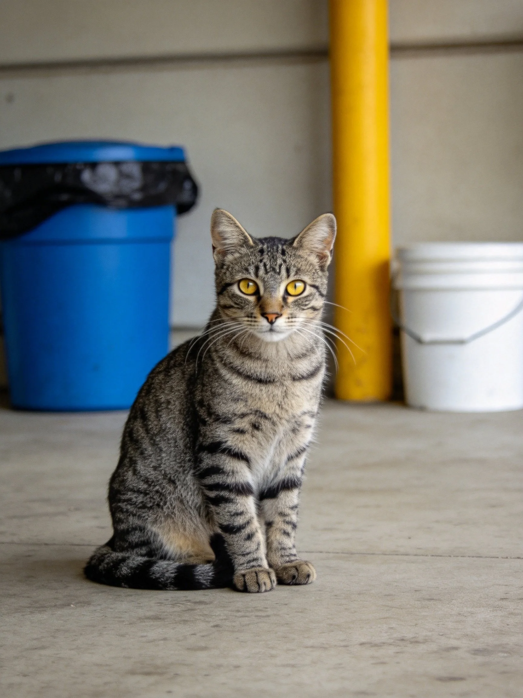 A gray tabby cat sits on concrete near blue bin and white bucket