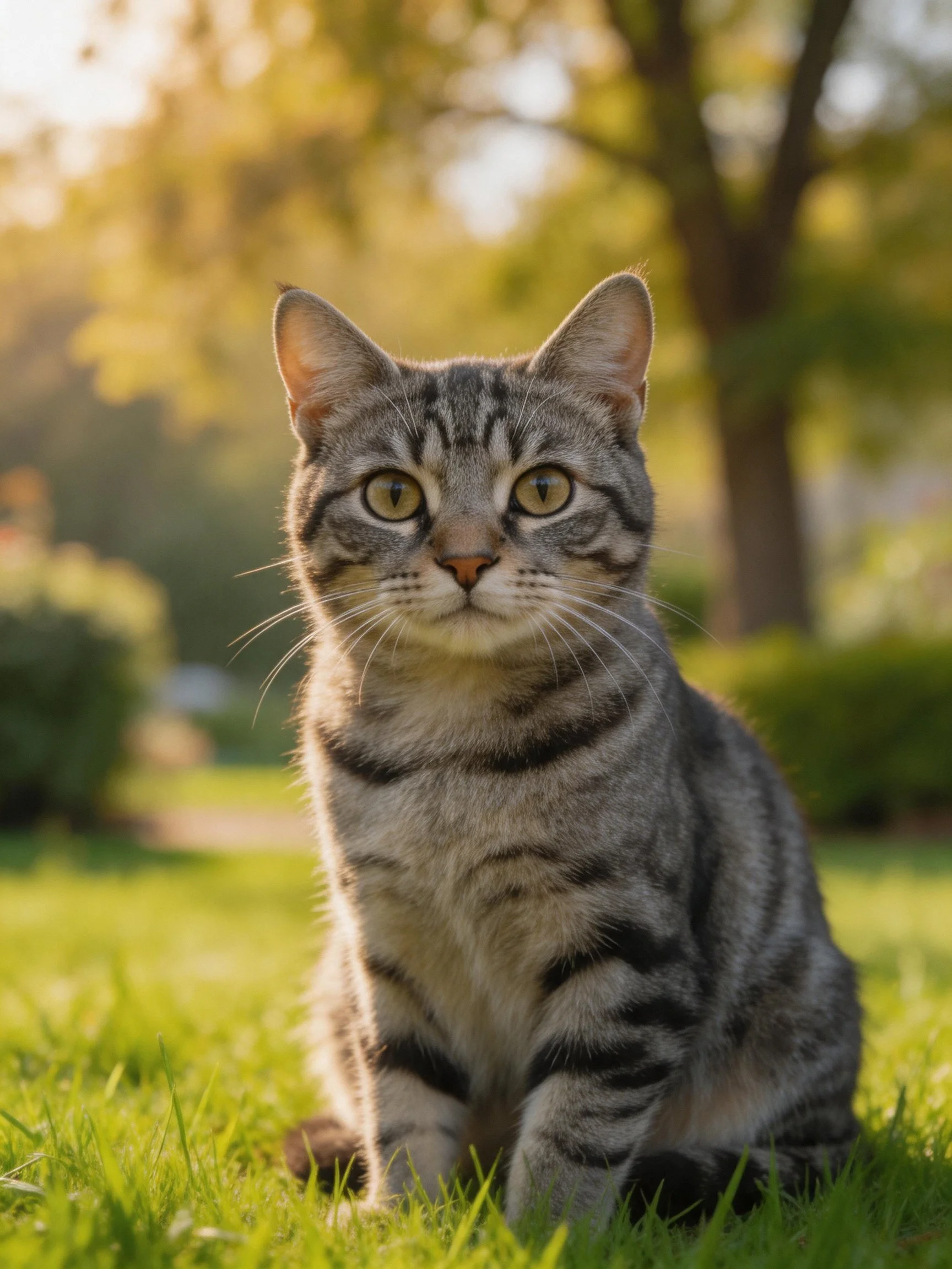 A gray tabby cat sits on grass in a sunlit outdoor setting.